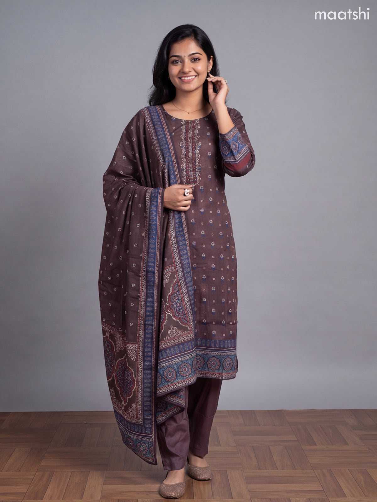 Brown Crepe Silk Printed Straight Suit