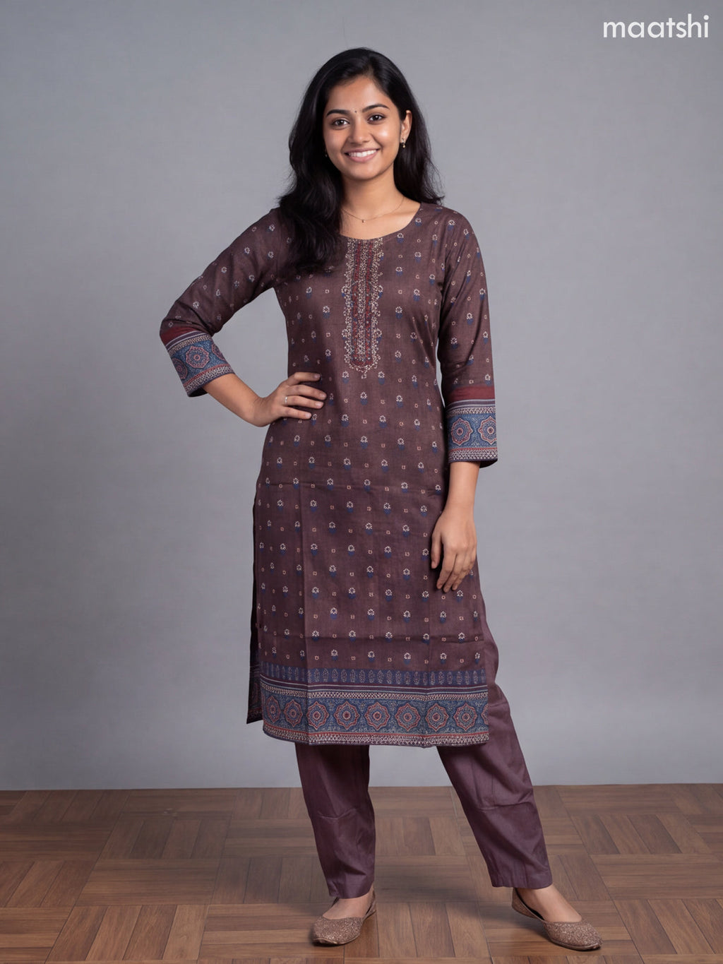 Brown Crepe Silk Printed Straight Suit
