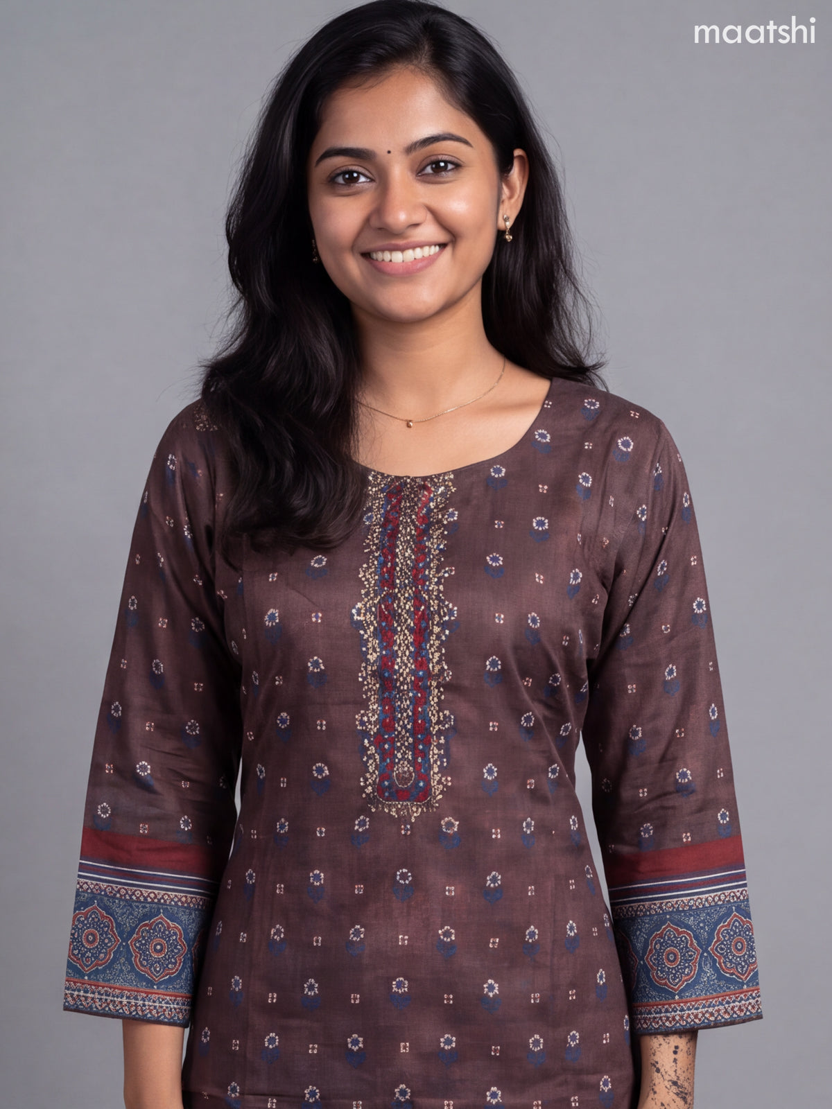 Brown Crepe Silk Printed Straight Suit