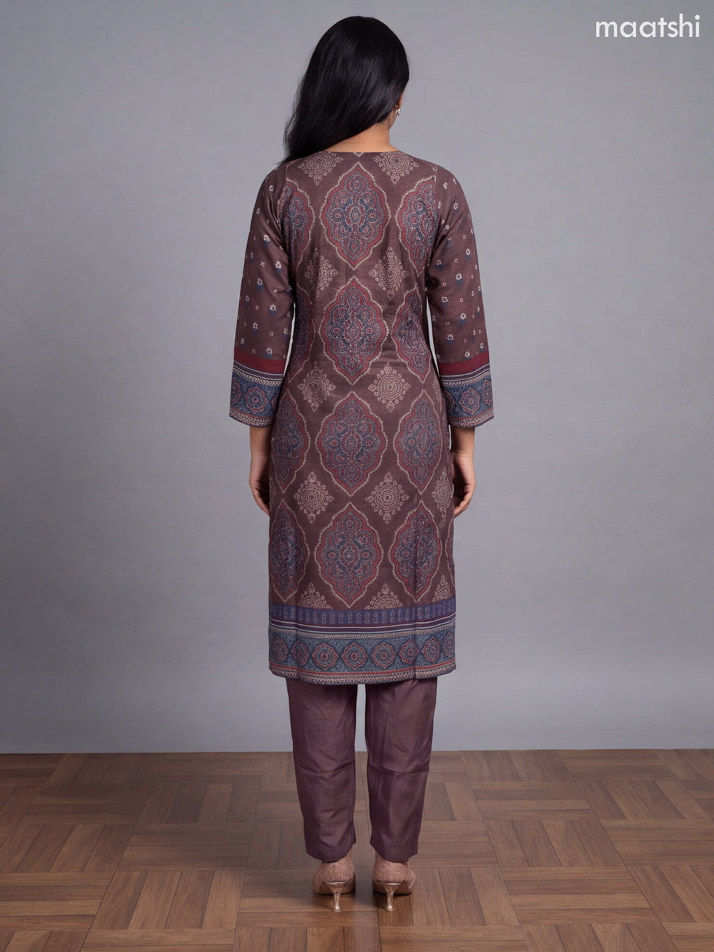 Brown Crepe Silk Printed Straight Suit