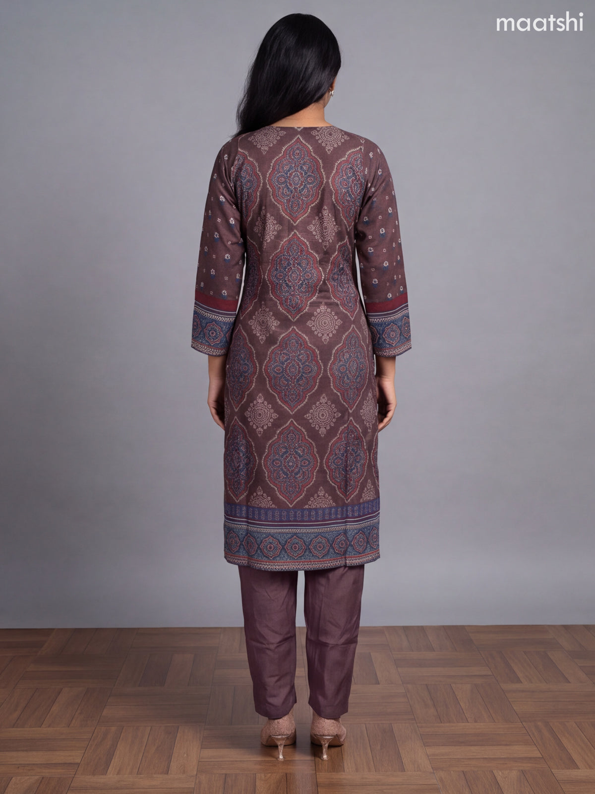 Brown Crepe Silk Printed Straight Suit