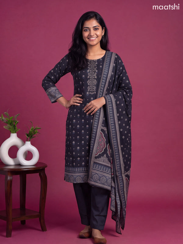 Black Crepe Silk Printed Straight Suit