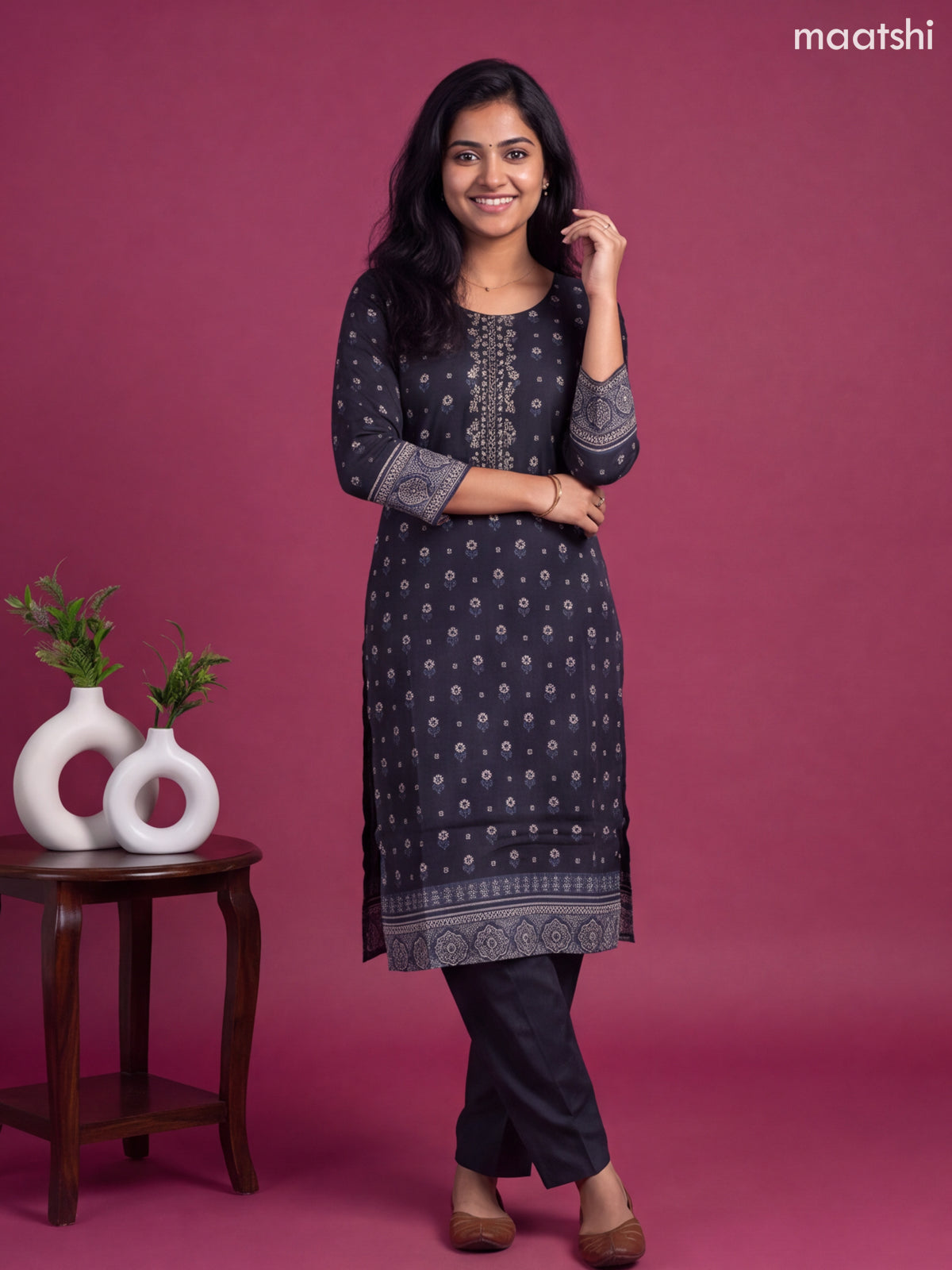 Black Crepe Silk Printed Straight Suit