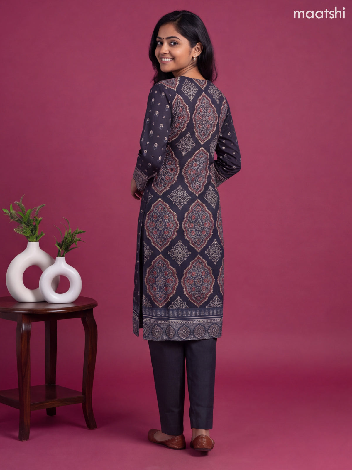 Black Crepe Silk Printed Straight Suit