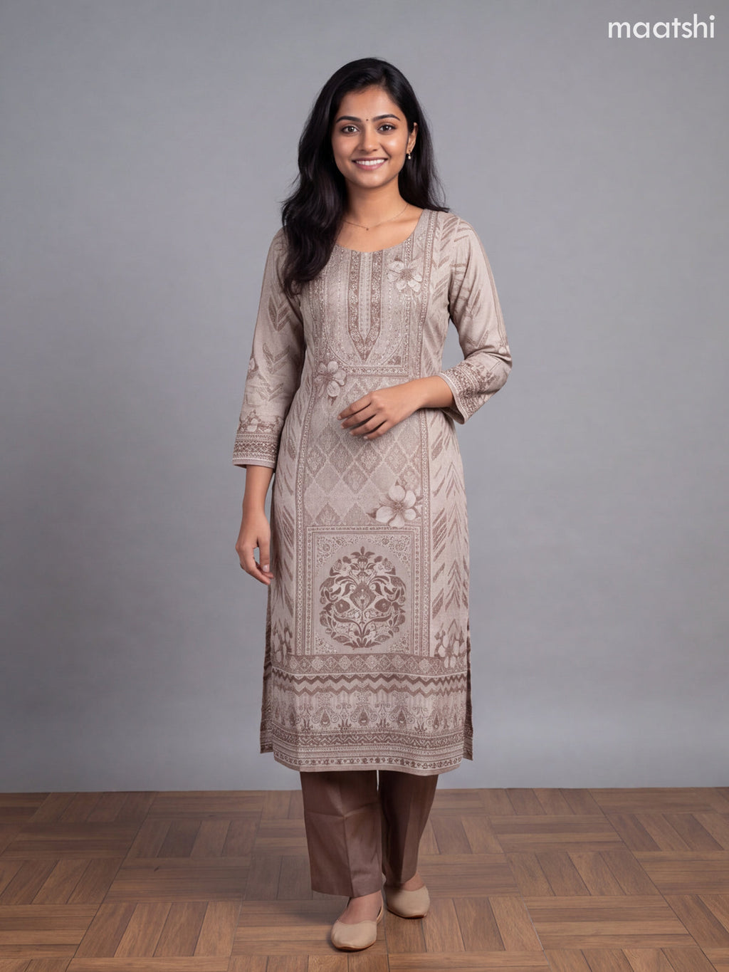 Beige Crepe Silk Embroidery Work Straight Suit