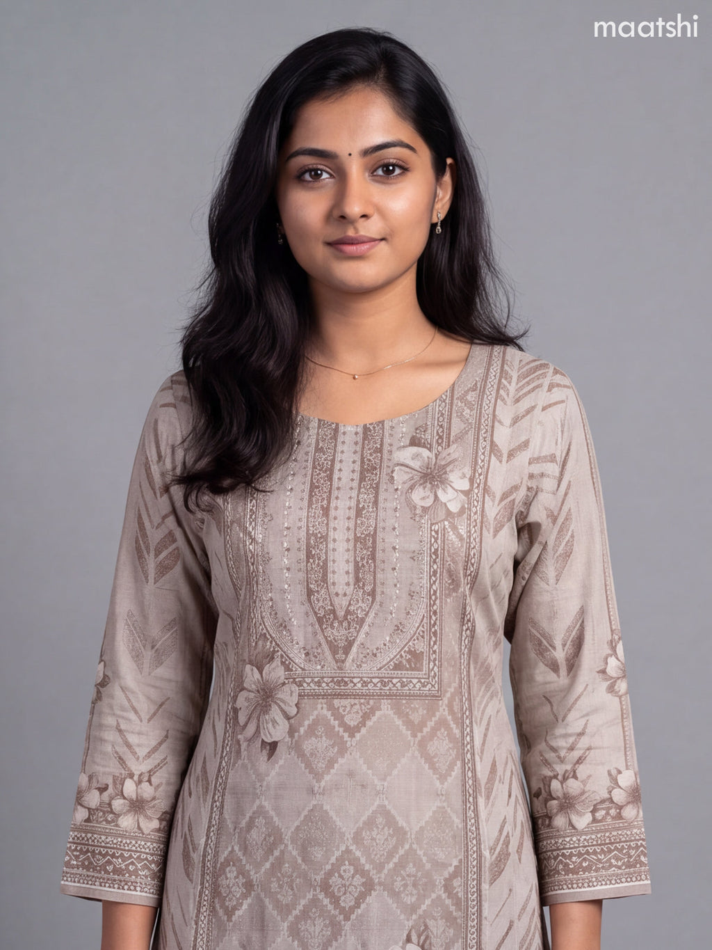 Beige Crepe Silk Embroidery Work Straight Suit