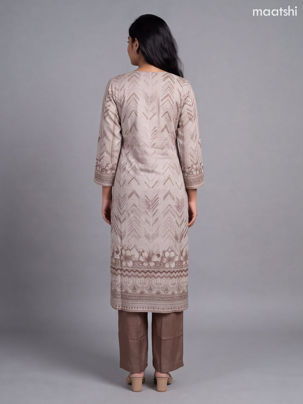 Beige Crepe Silk Embroidery Work Straight Suit