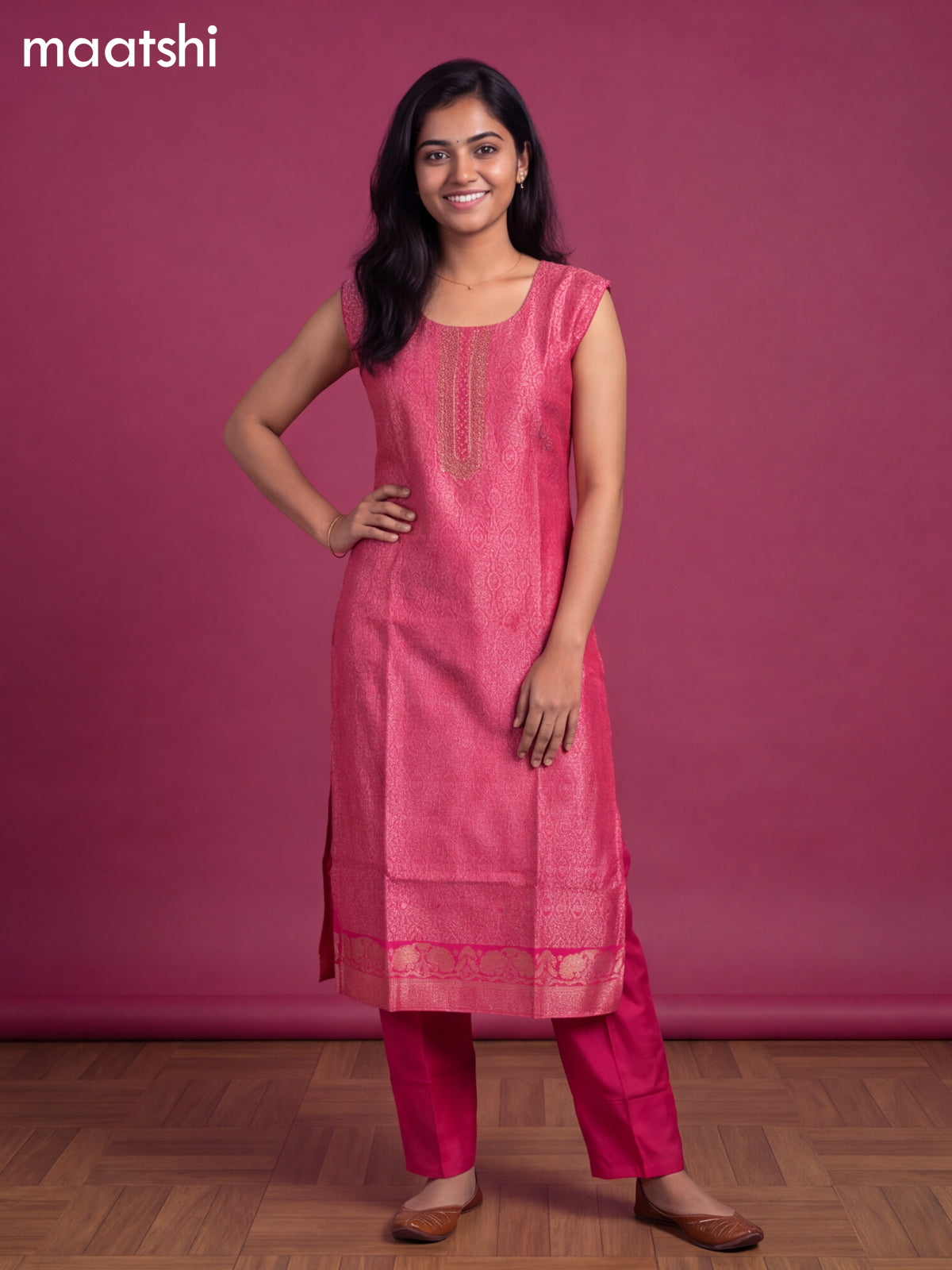 Pink Art Silk Embroidery Banarasi Style Straight Suit