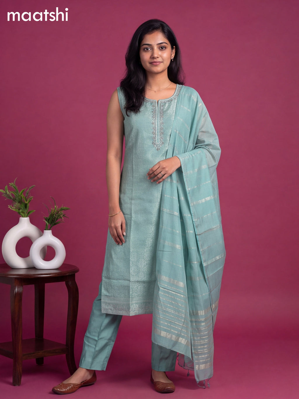 Light Blue Art Silk Embroidery Banarasi Style Straight Suit