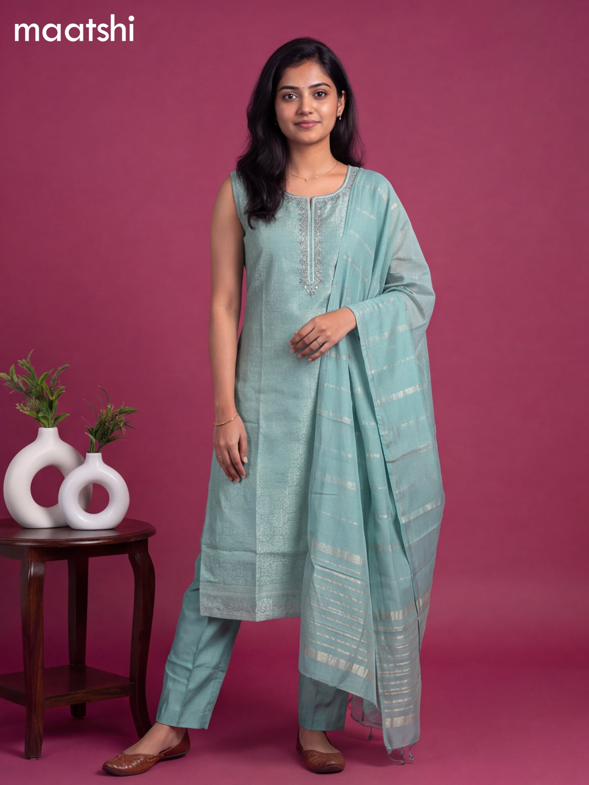 Light Blue Art Silk Embroidery Banarasi Style Straight Suit