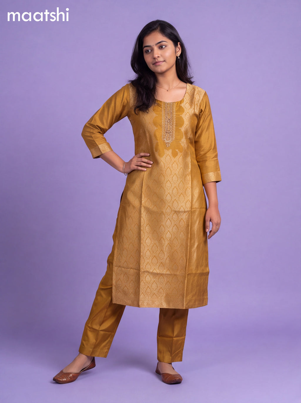 Mustard Yellow Art Silk Embroidery Banarasi Style Straight Suit