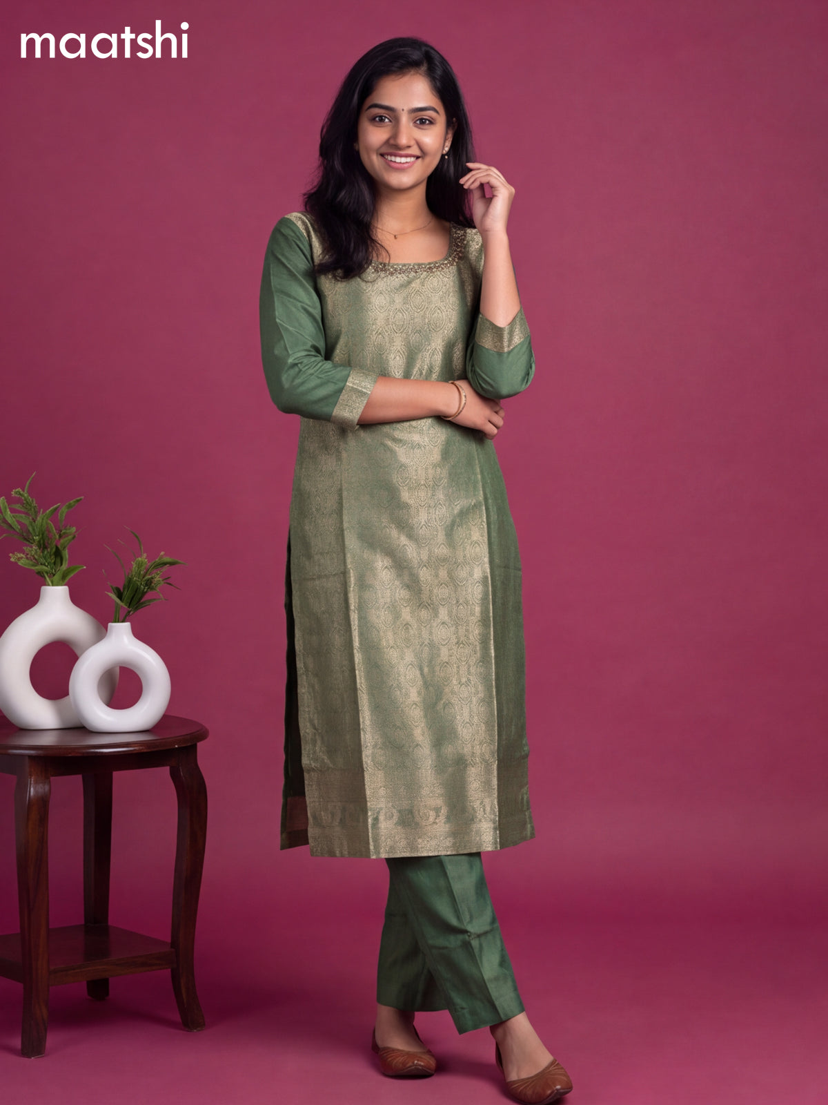 Green Art Silk Embroidery Banarasi Style Straight Suit