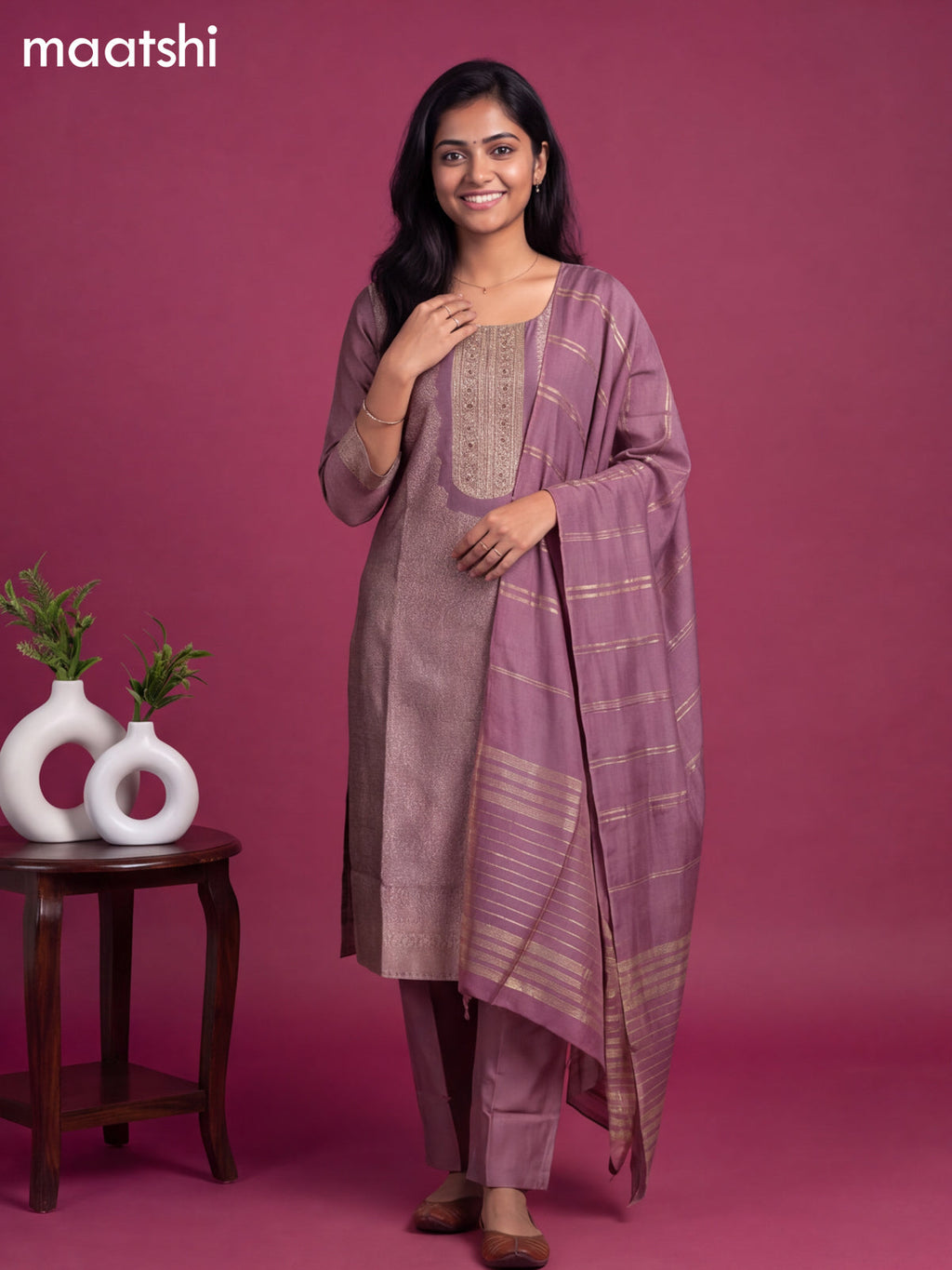 Pastel Purple Art Silk Embroidery Banarasi Style Straight Suit
