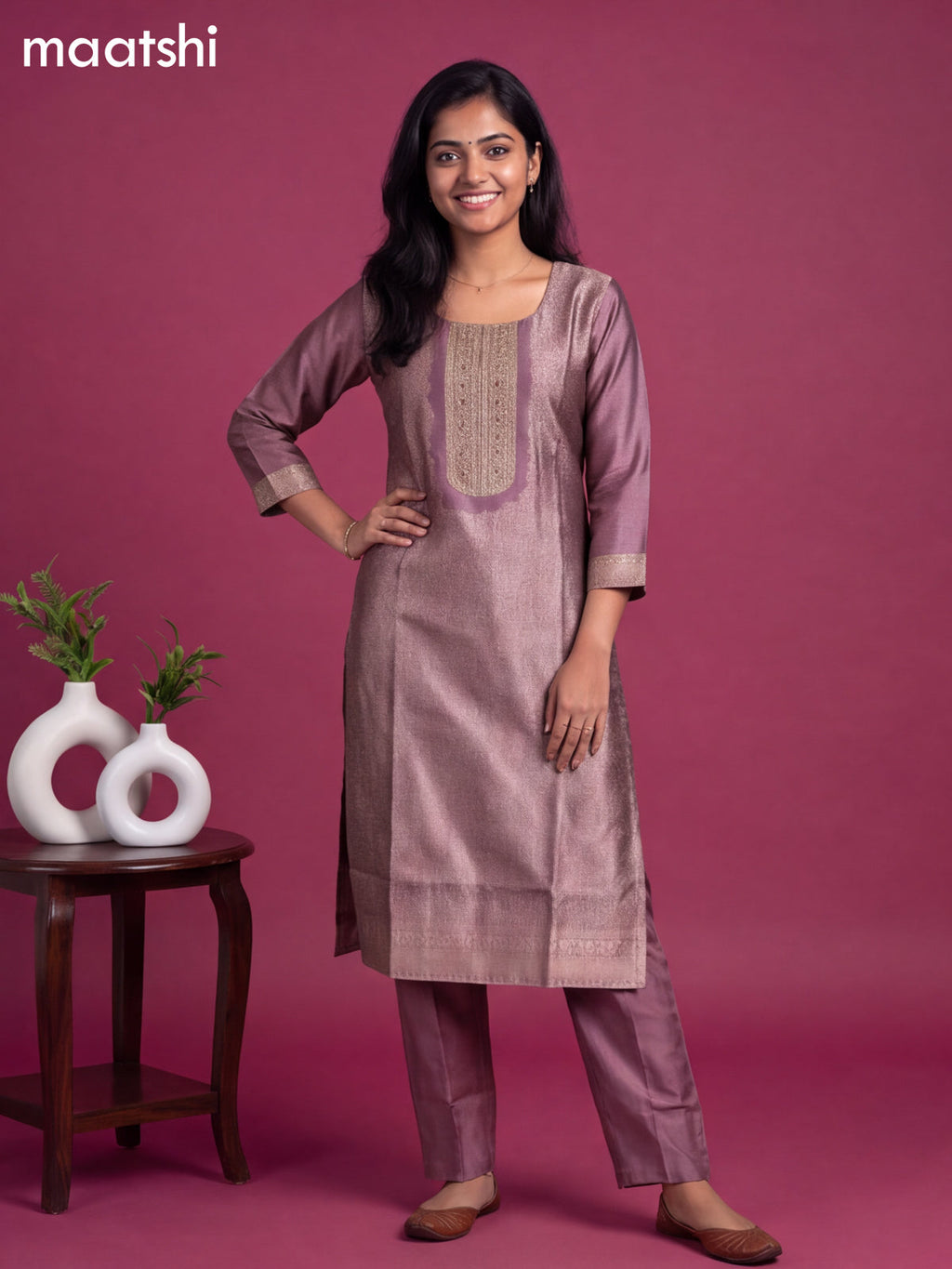 Pastel Purple Art Silk Embroidery Banarasi Style Straight Suit