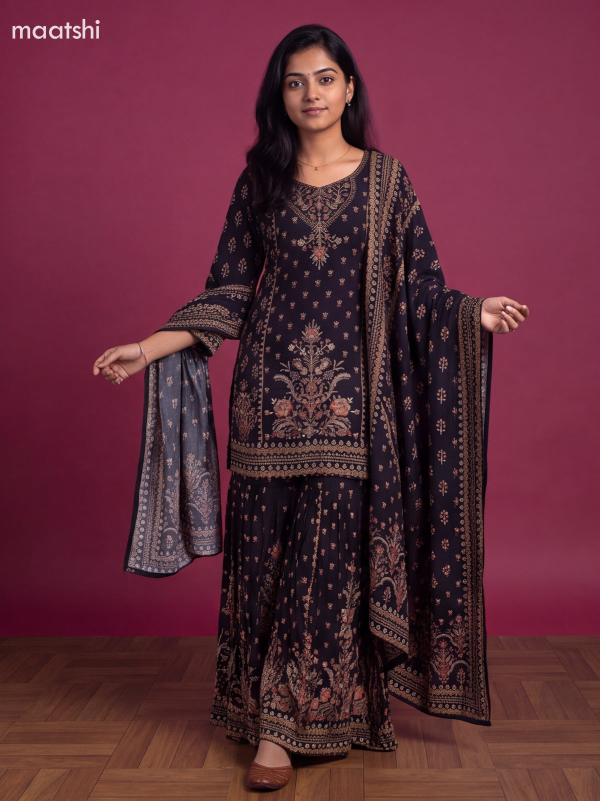 Black Crepe Silk Floral Printed & Beaded Work Neck Pattern Short Straight Suit