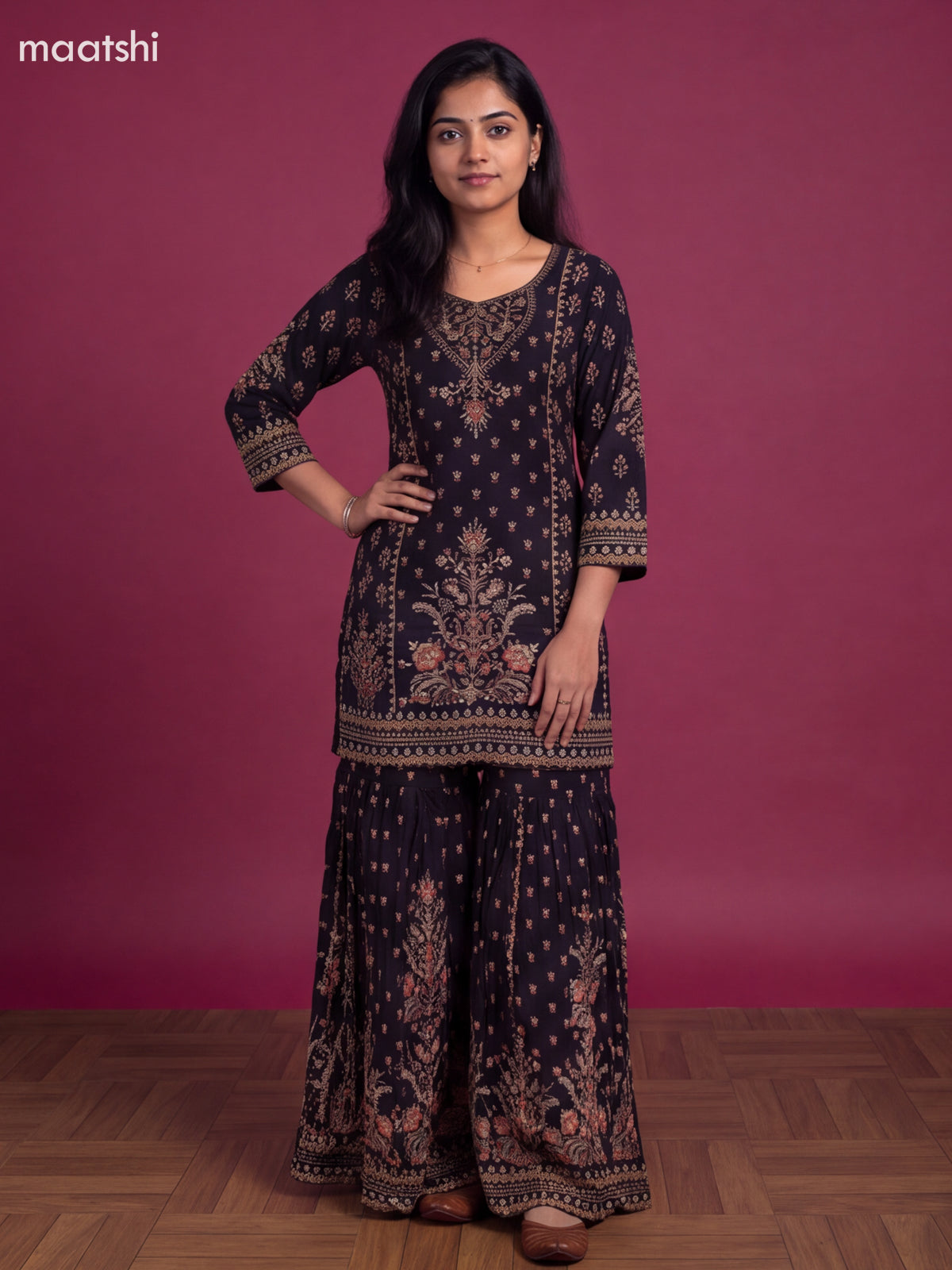 Black Crepe Silk Floral Printed & Beaded Work Neck Pattern Short Straight Suit