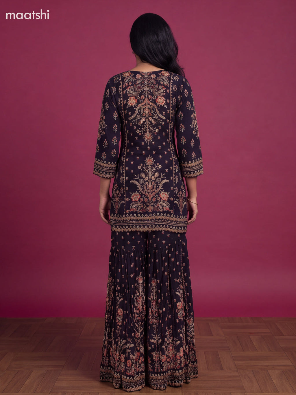 Black Crepe Silk Floral Printed & Beaded Work Neck Pattern Short Straight Suit