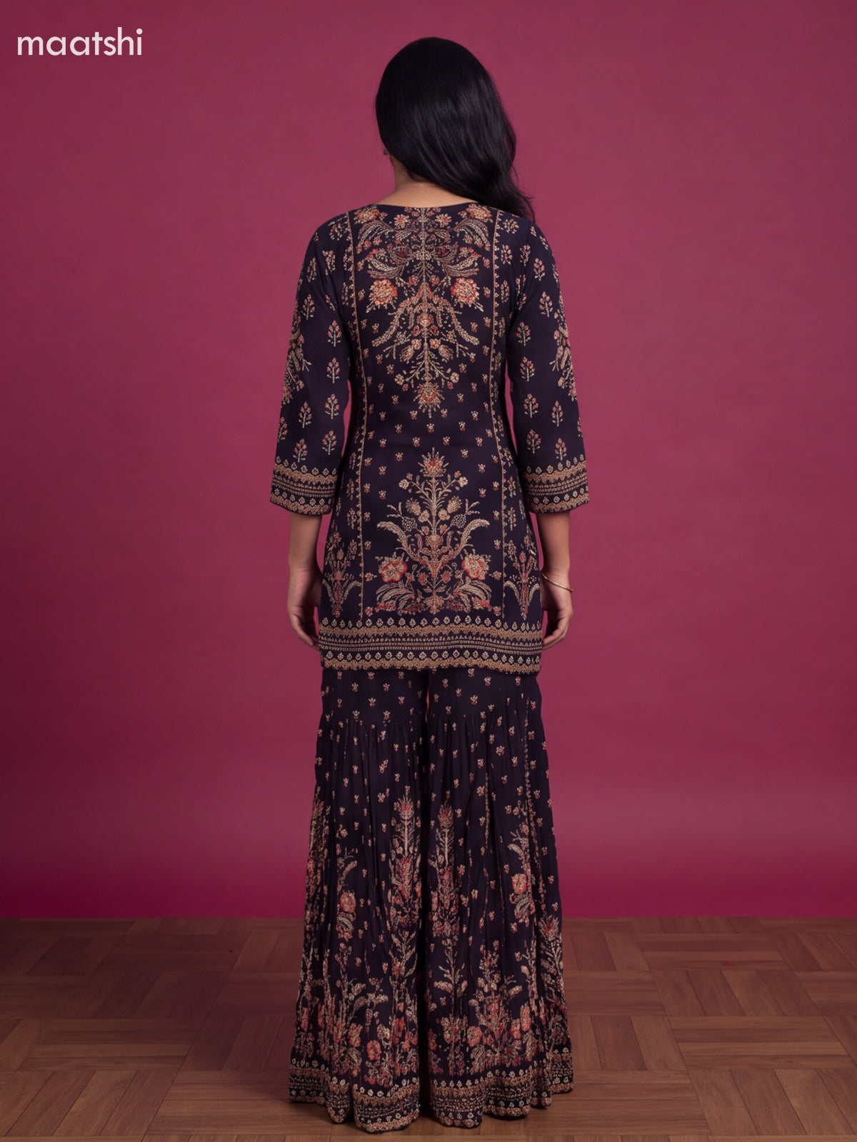 Black Crepe Silk Floral Printed & Beaded Work Neck Pattern Short Straight Suit