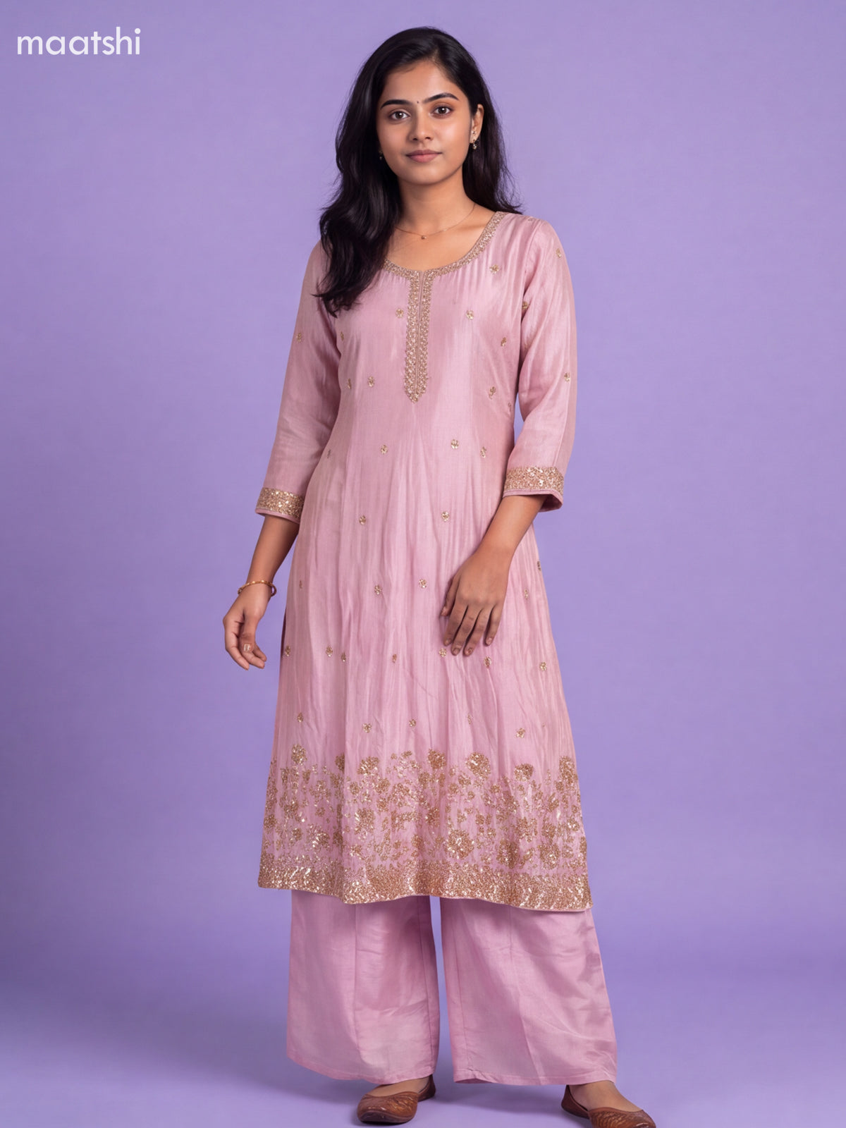 Pastel Pink Tissue Embroidery Work Anarkali Suit