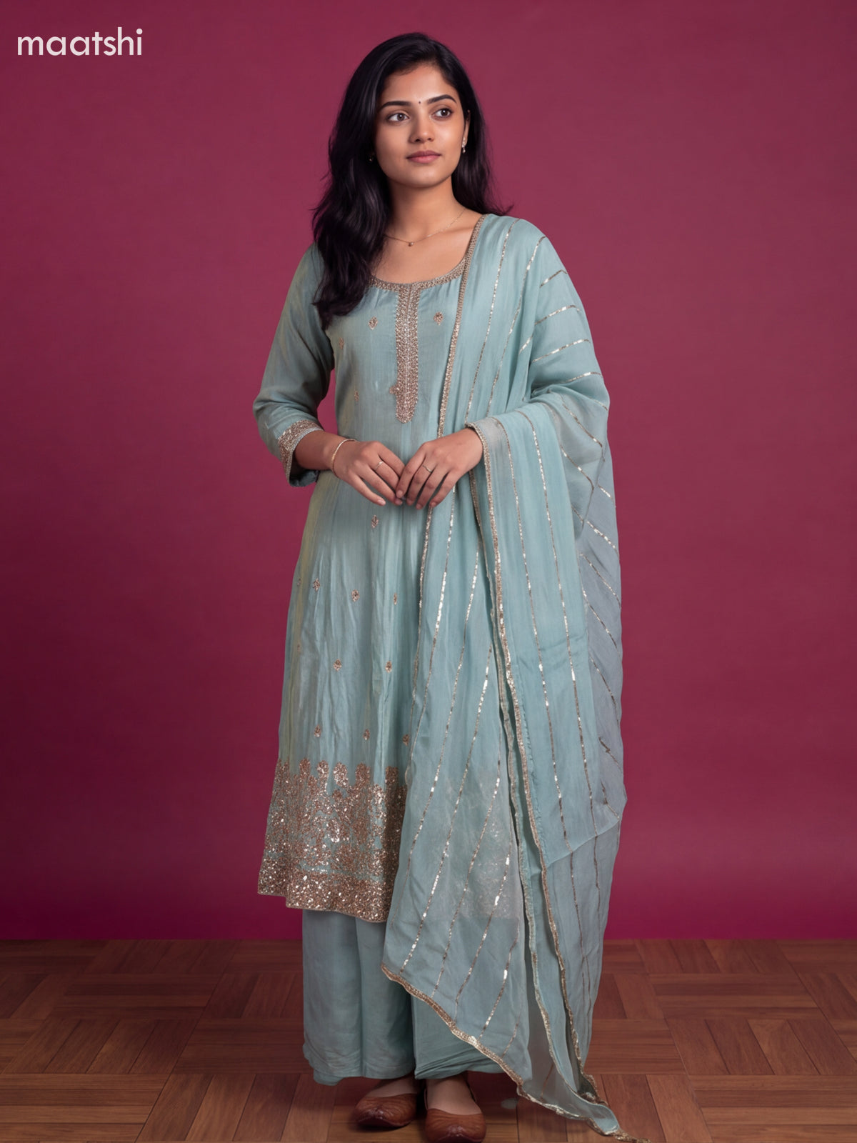 Teal Blue Tissue Embroidery Work Anarkali Suit
