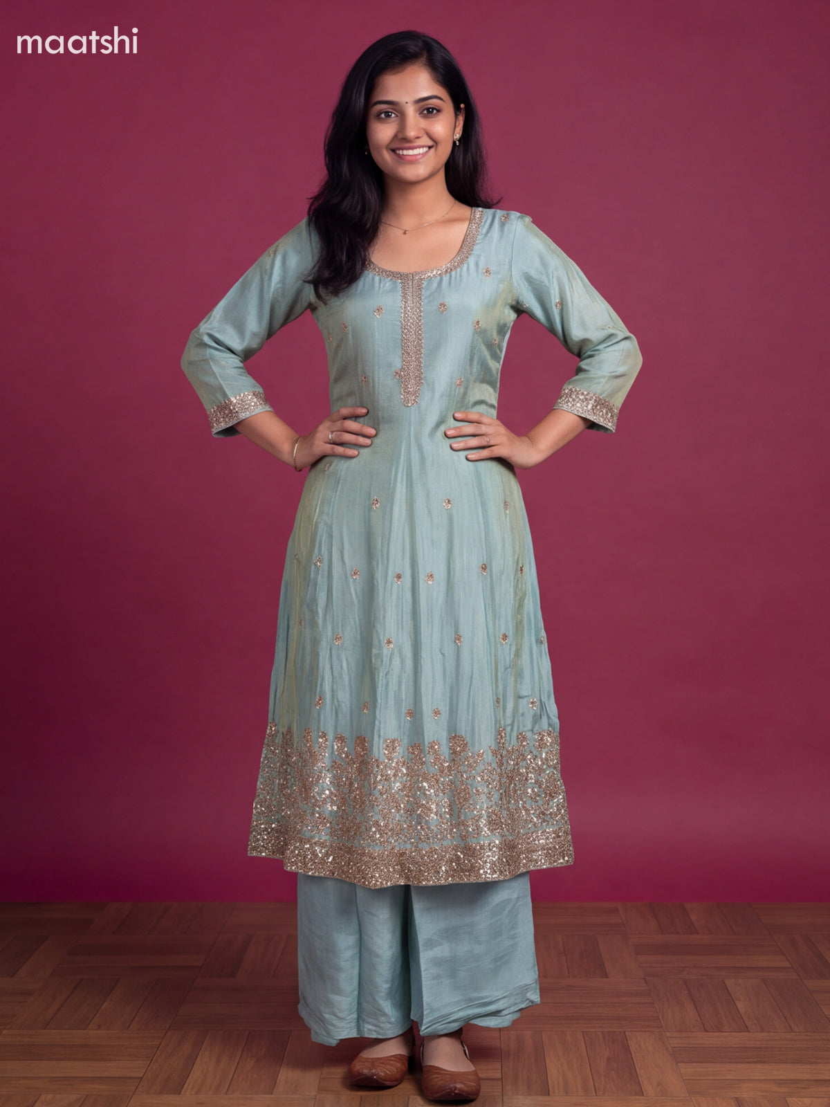 Teal Blue Tissue Embroidery Work Anarkali Suit