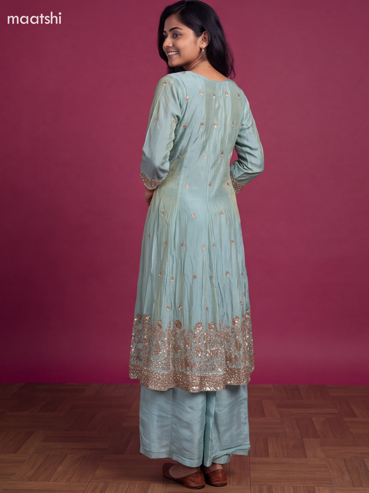 Teal Blue Tissue Embroidery Work Anarkali Suit