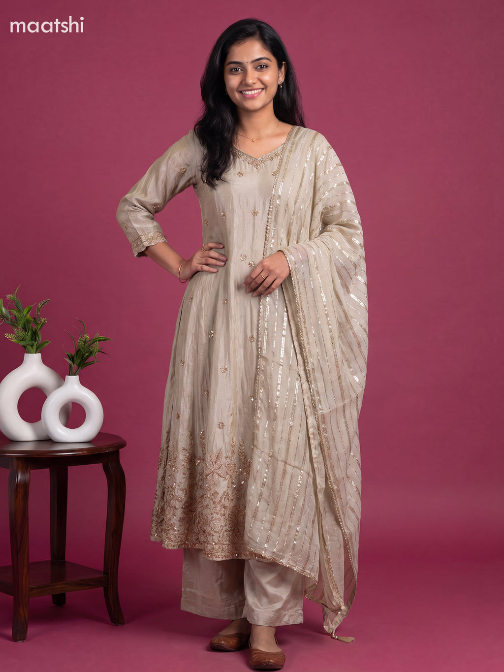 Pastel Grey Tissue Embroidery Work Anarkali Suit