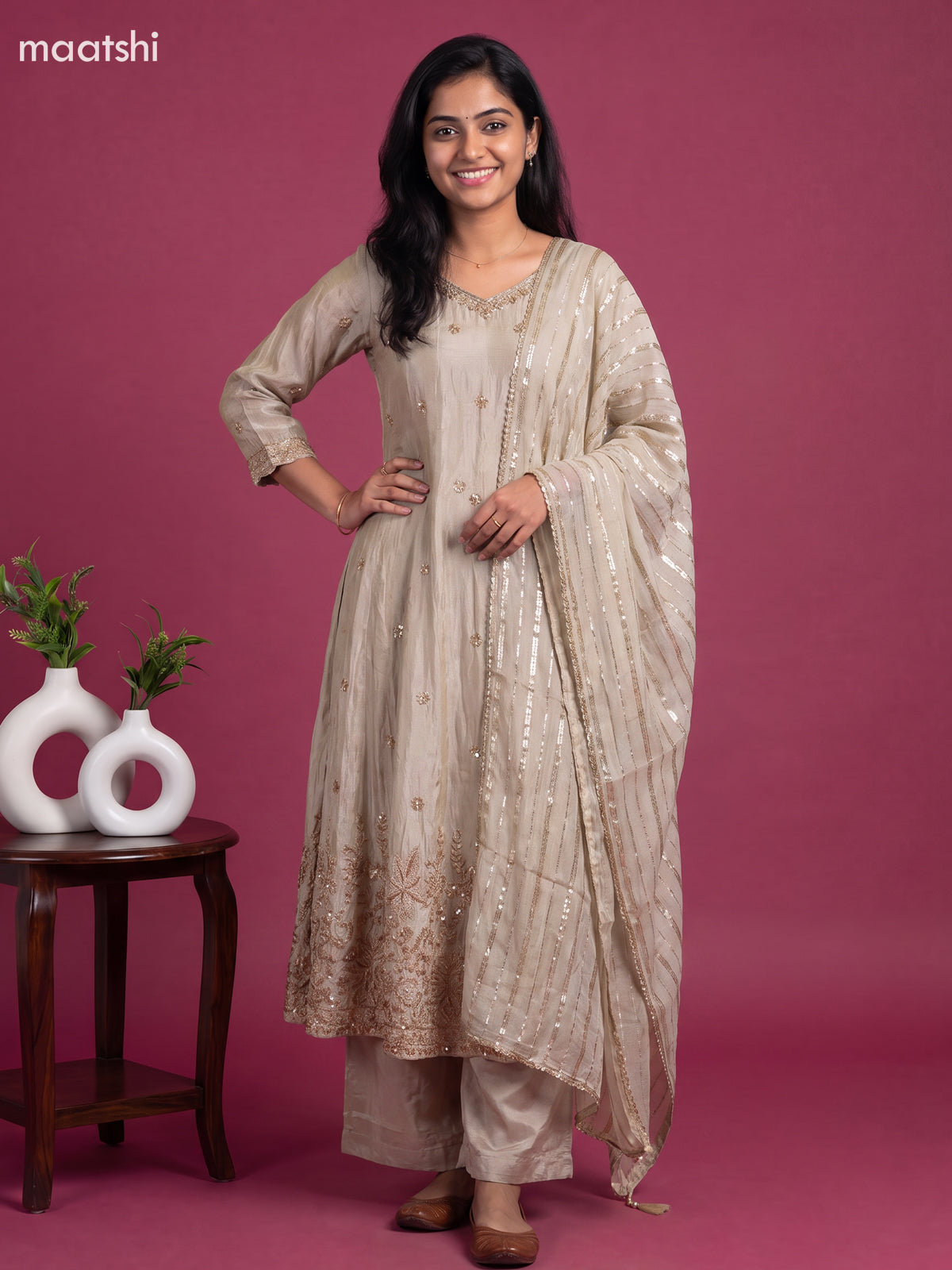 Pastel Grey Tissue Embroidery Work Anarkali Suit