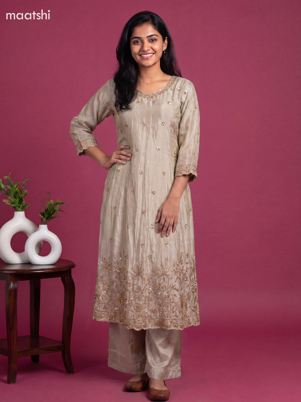Pastel Grey Tissue Embroidery Work Anarkali Suit