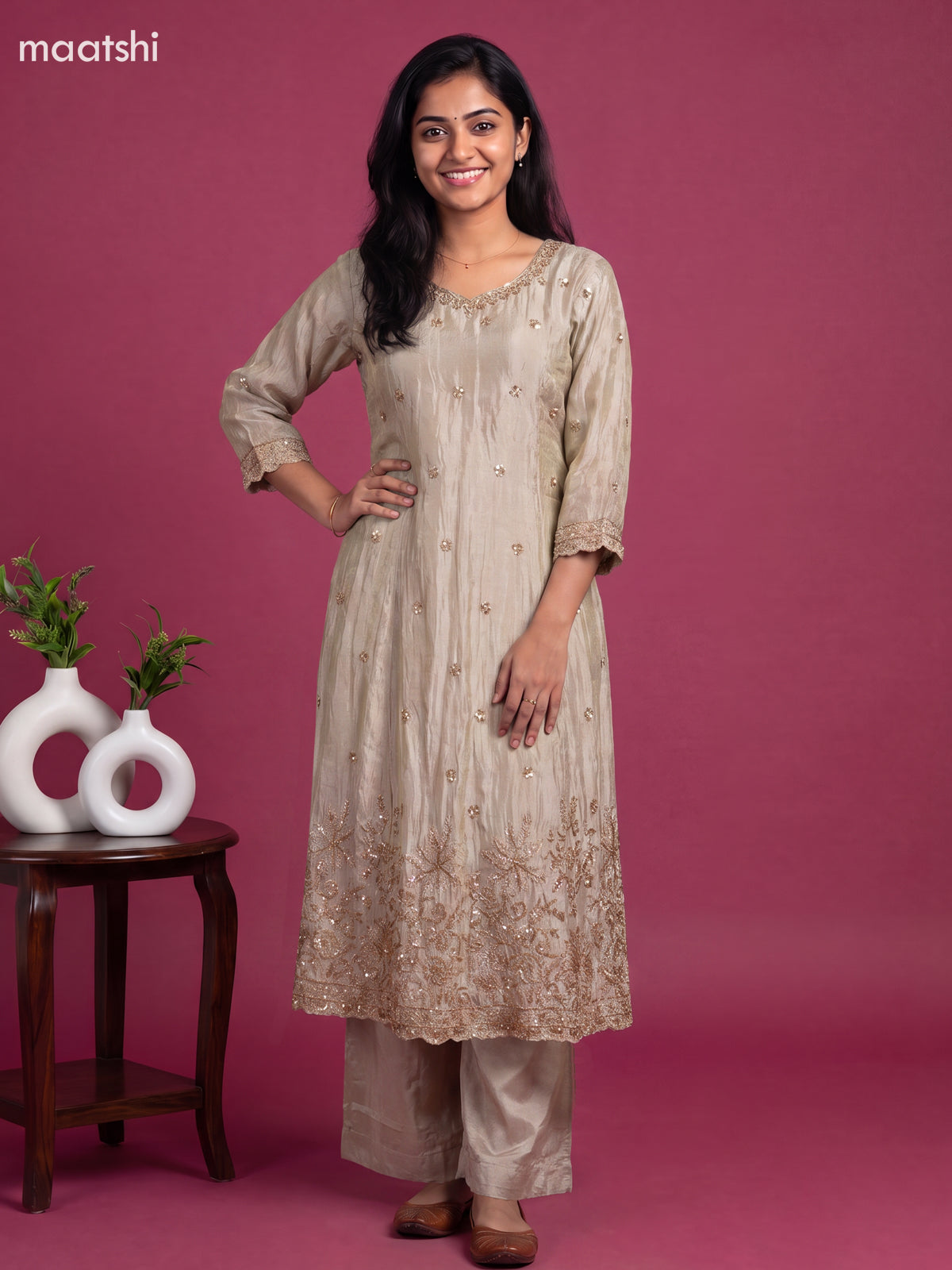Pastel Grey Tissue Embroidery Work Anarkali Suit