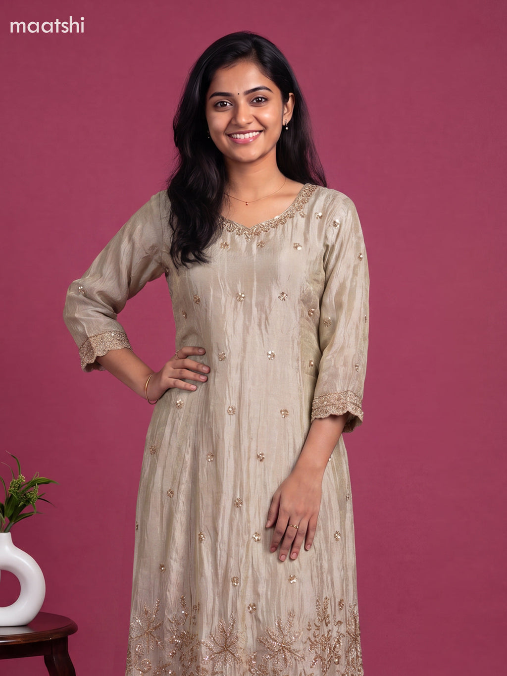 Pastel Grey Tissue Embroidery Work Anarkali Suit