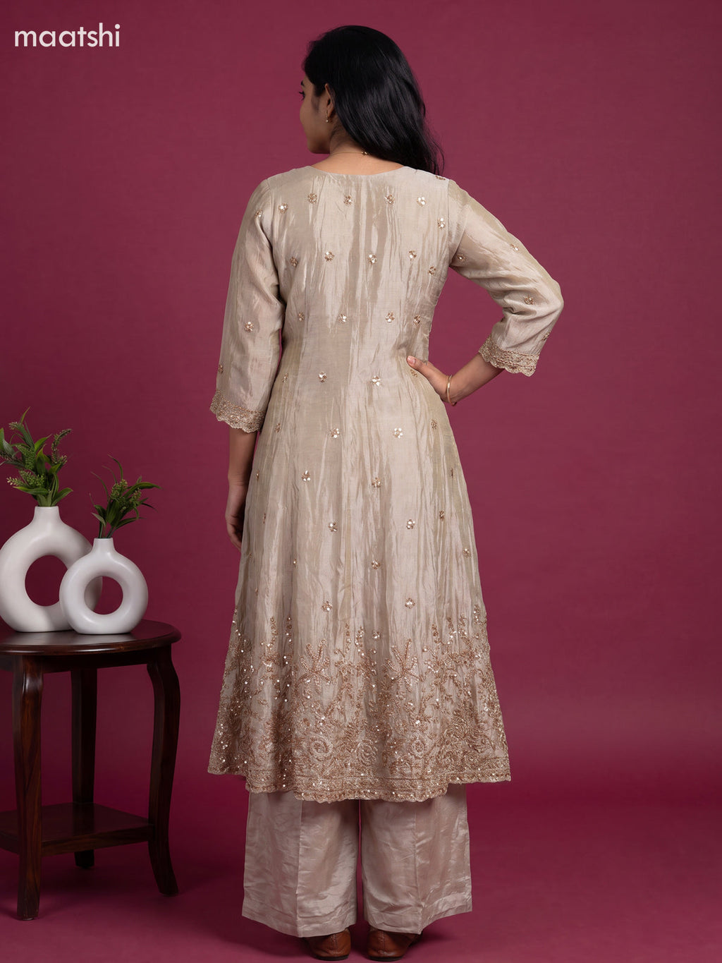 Pastel Grey Tissue Embroidery Work Anarkali Suit