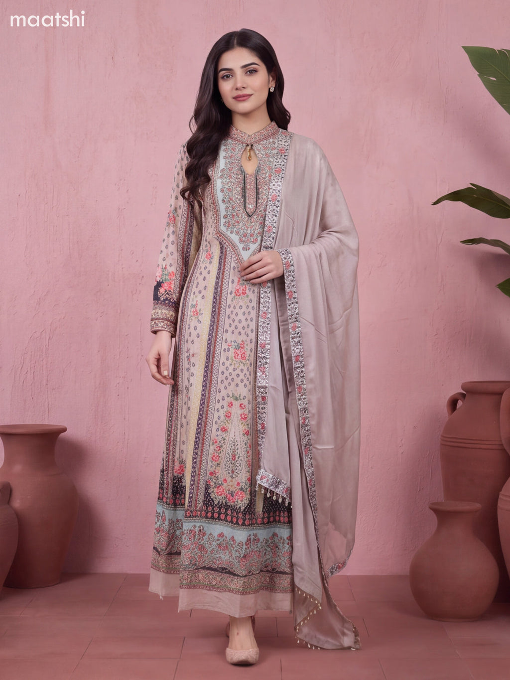 Teal Blue Crepe Silk Printed & Embroidery Work Kurti & Dupatta Set