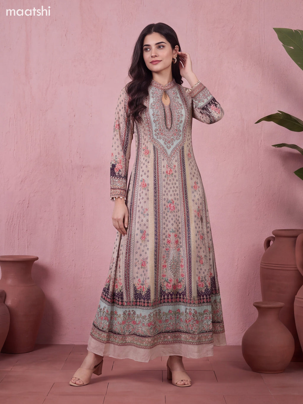 Teal Blue Crepe Silk Printed & Embroidery Work Kurti & Dupatta Set