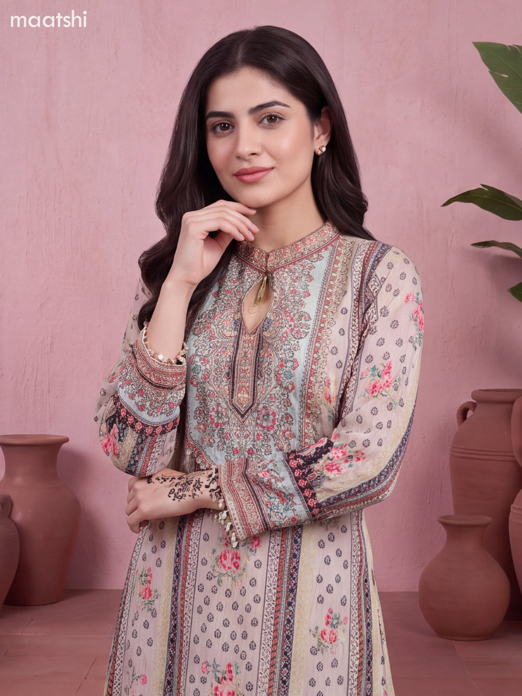 Teal Blue Crepe Silk Printed & Embroidery Work Kurti & Dupatta Set