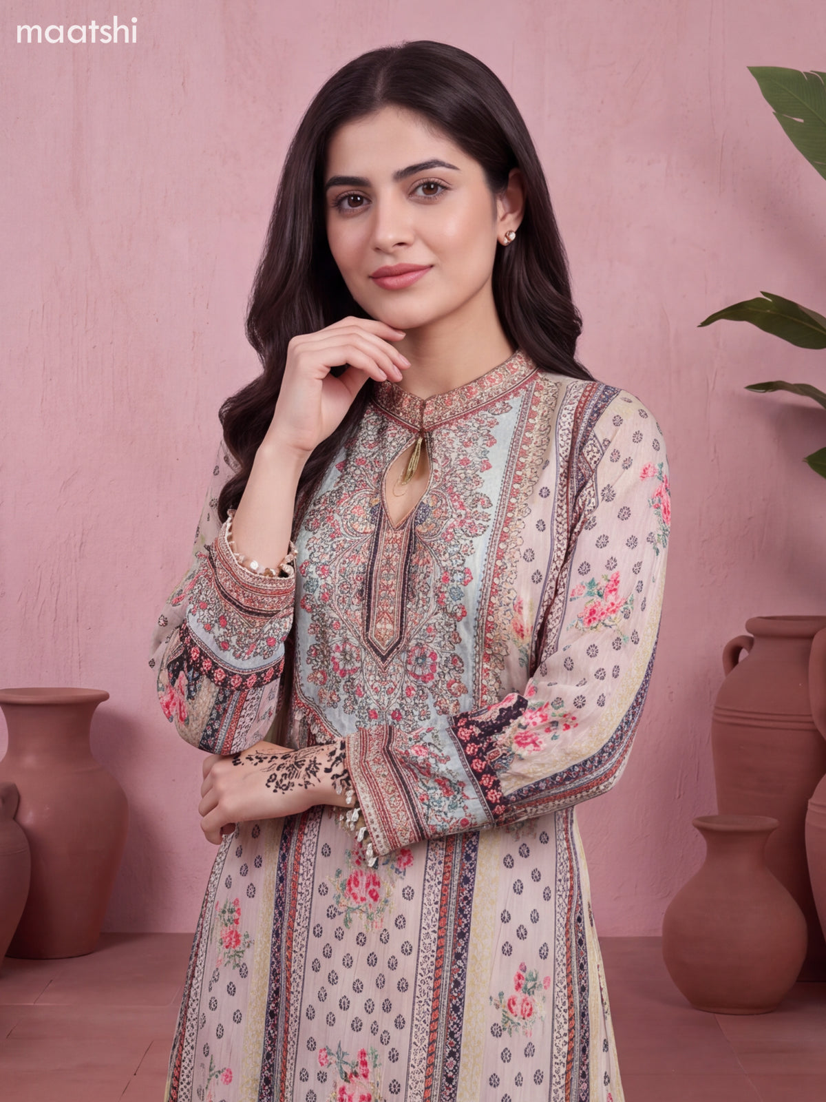 Teal Blue Crepe Silk Printed & Embroidery Work Kurti & Dupatta Set
