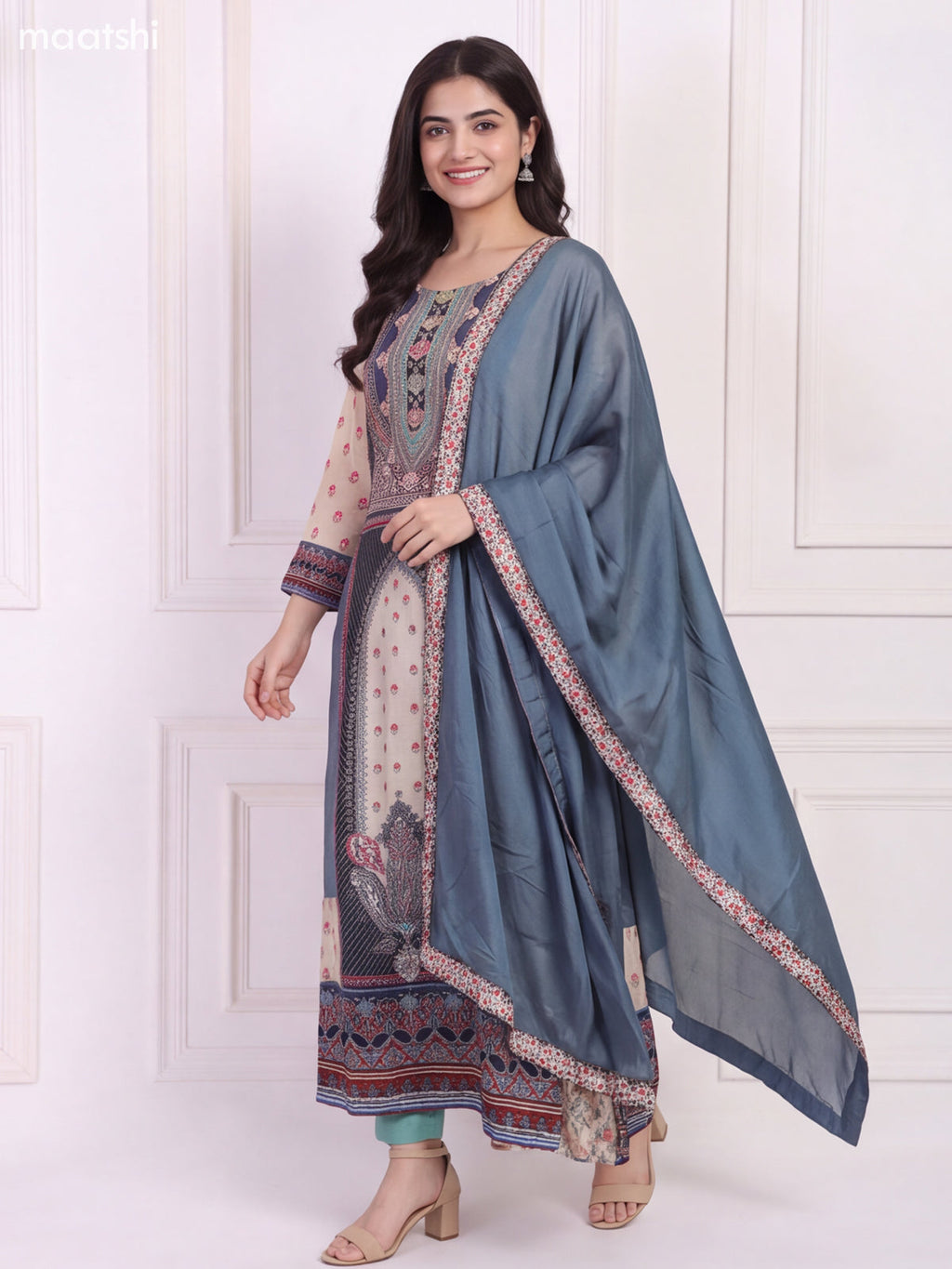 Off White Blue Crepe Silk Printed & Embroidery Work Kurti & Dupatta Set
