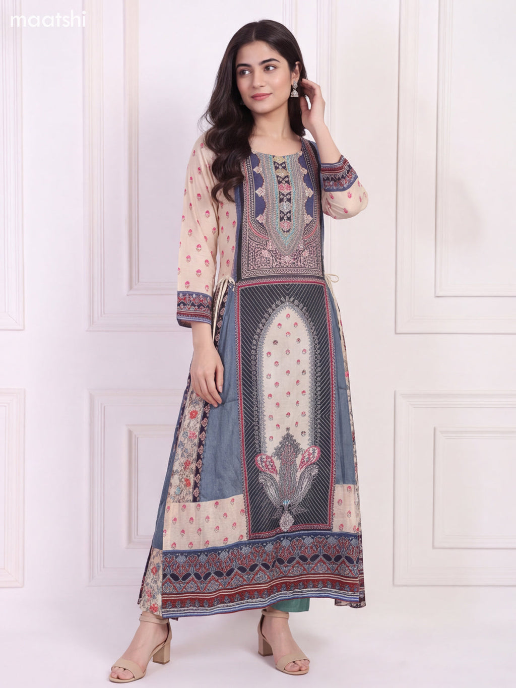 Off White Blue Crepe Silk Printed & Embroidery Work Kurti & Dupatta Set