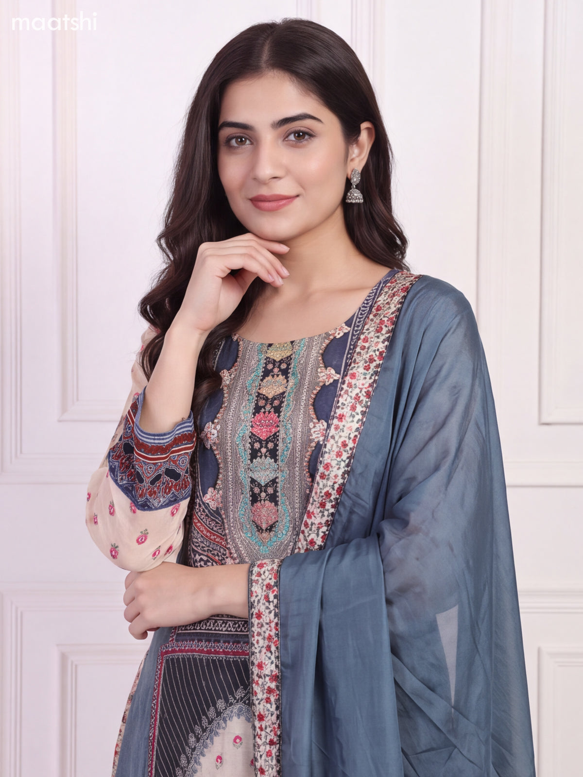 Off White Blue Crepe Silk Printed & Embroidery Work Kurti & Dupatta Set
