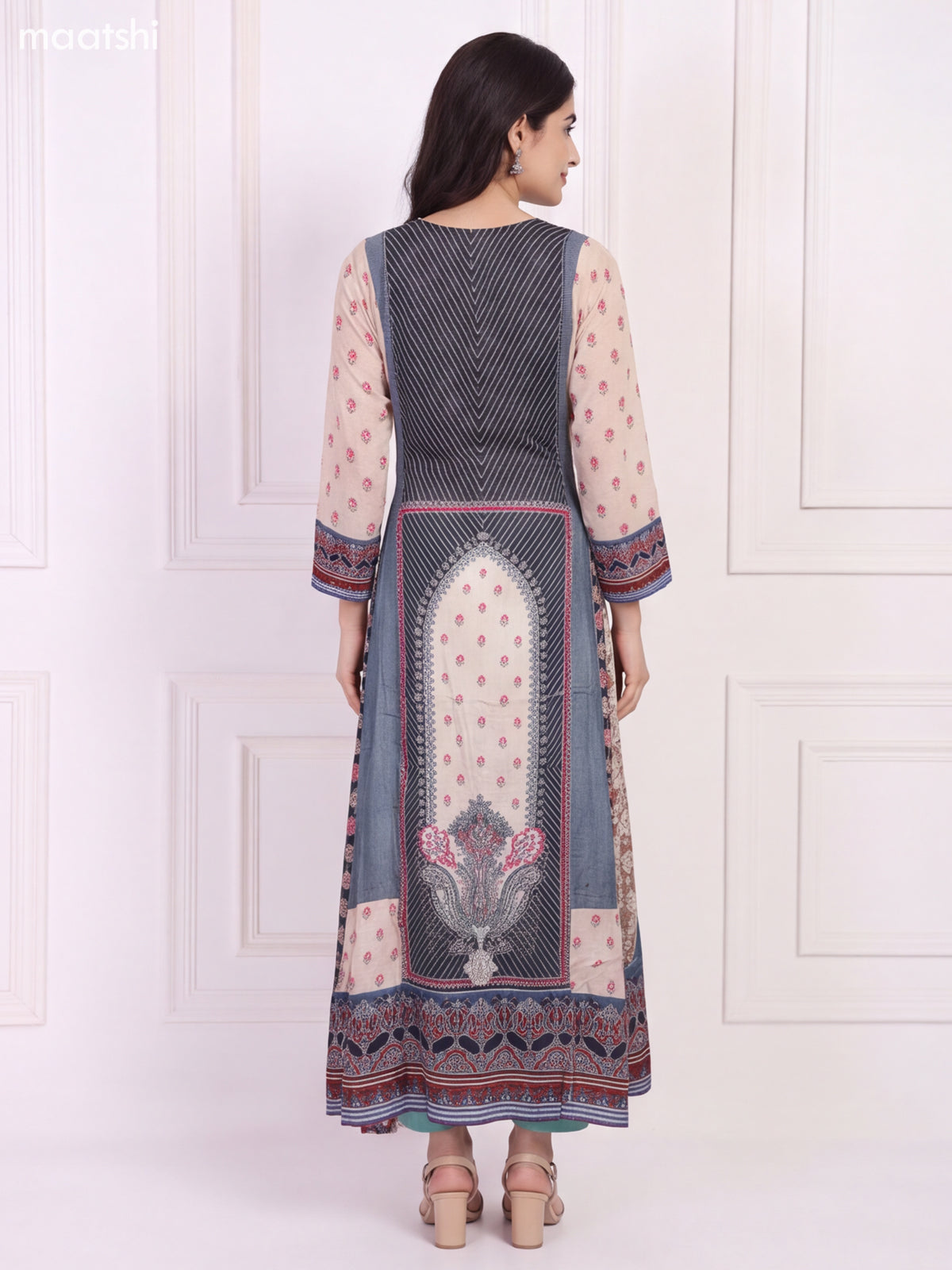 Off White Blue Crepe Silk Printed & Embroidery Work Kurti & Dupatta Set