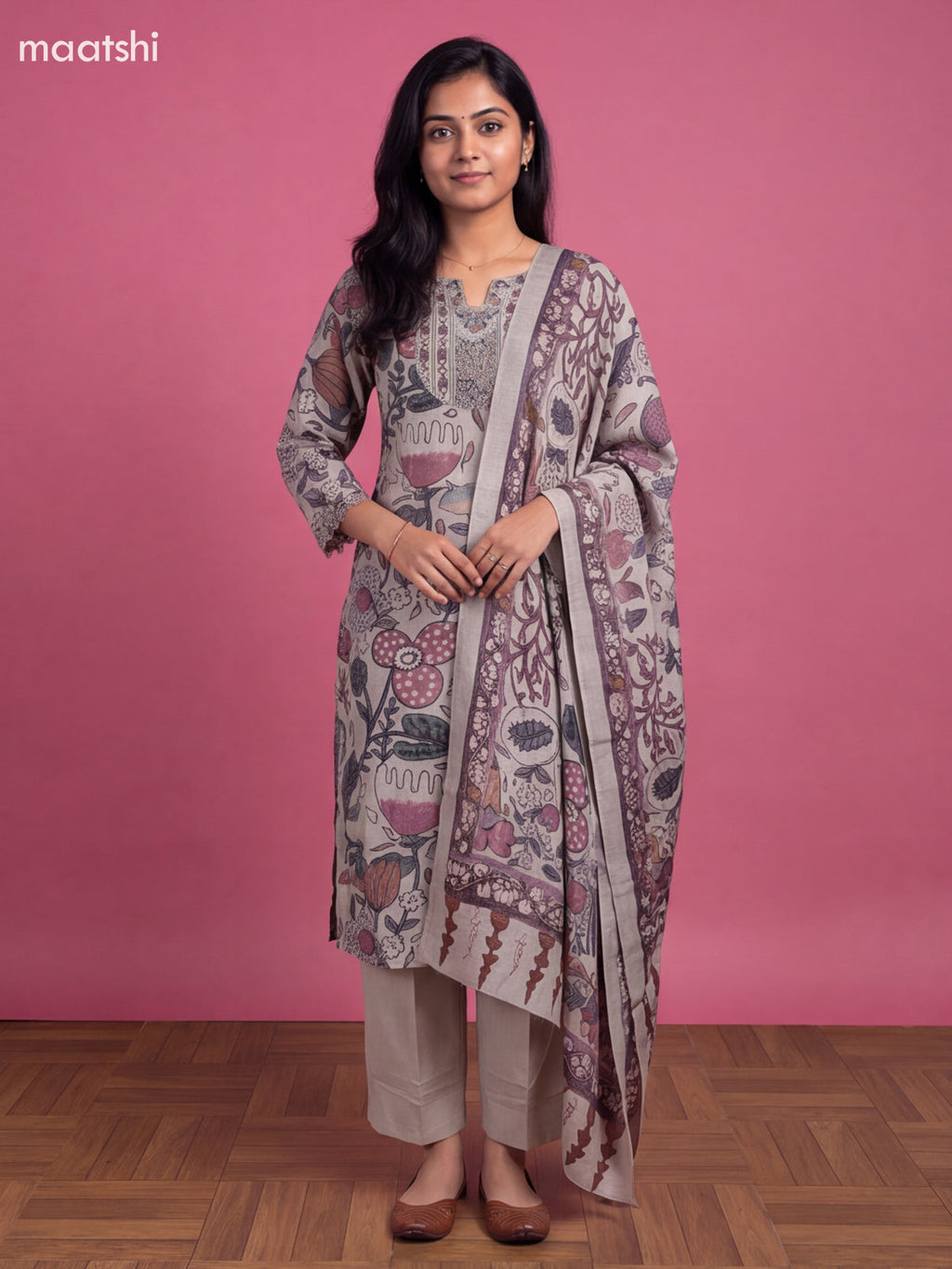 Pastel Grey Art Tussar Printed With Embroidery Work Straight Suit