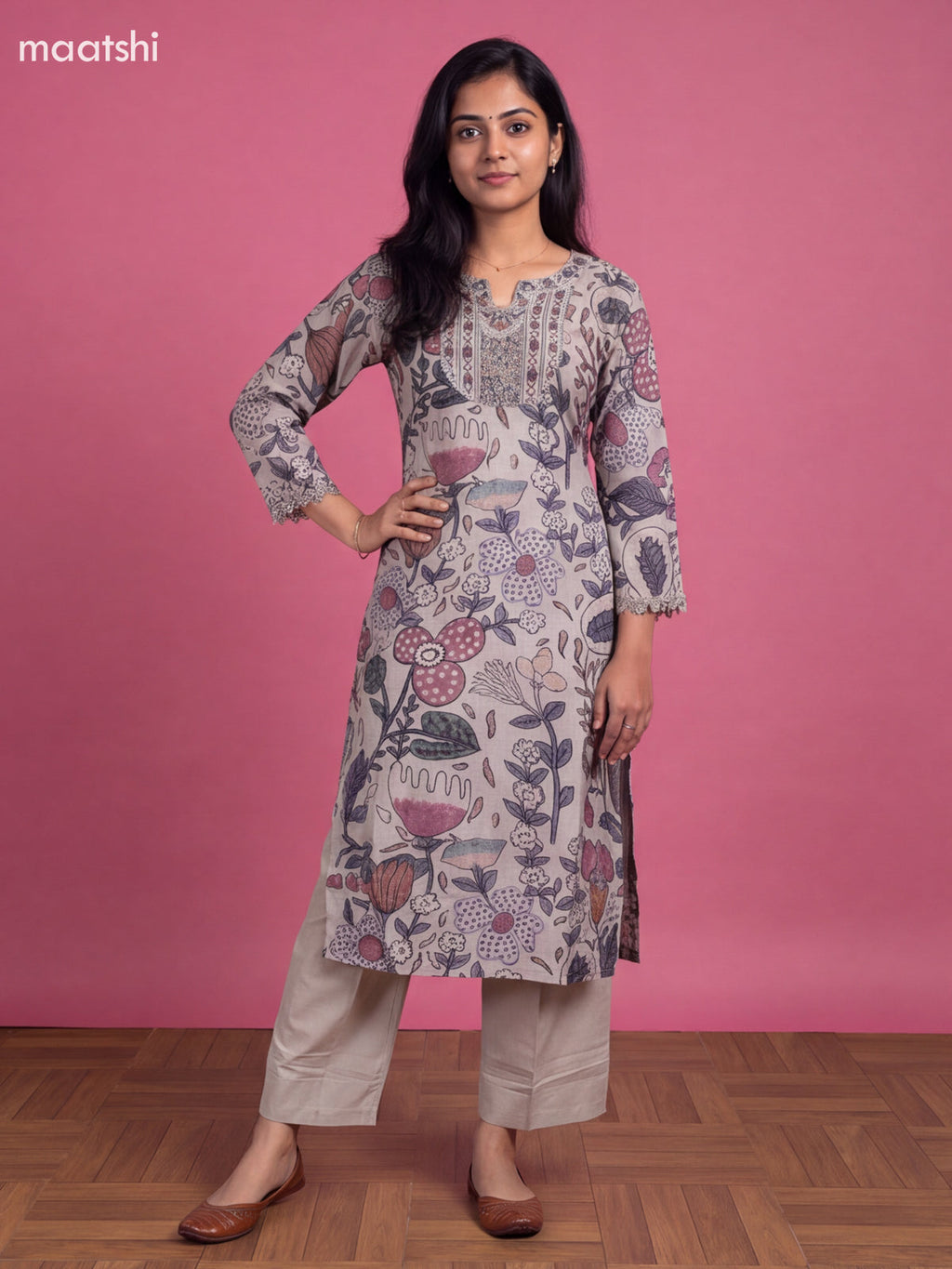 Pastel Grey Art Tussar Printed With Embroidery Work Straight Suit