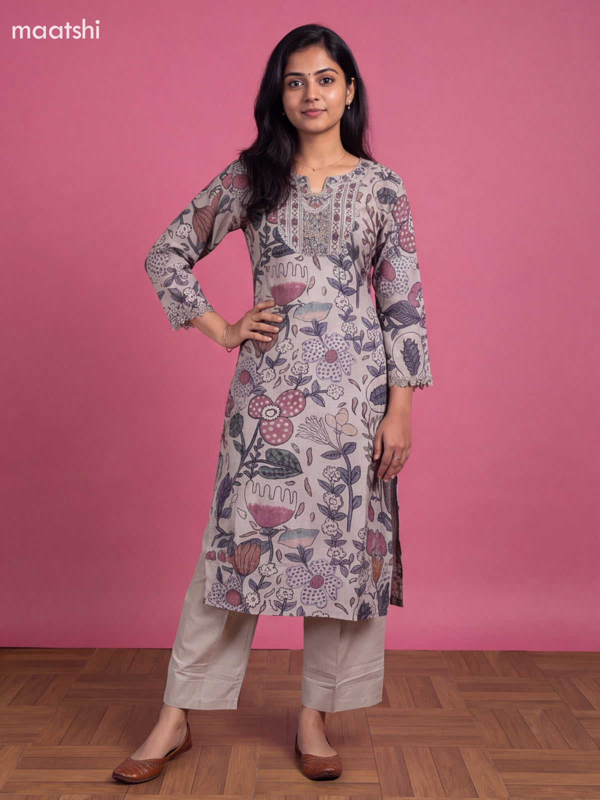 Pastel Grey Art Tussar Printed With Embroidery Work Straight Suit