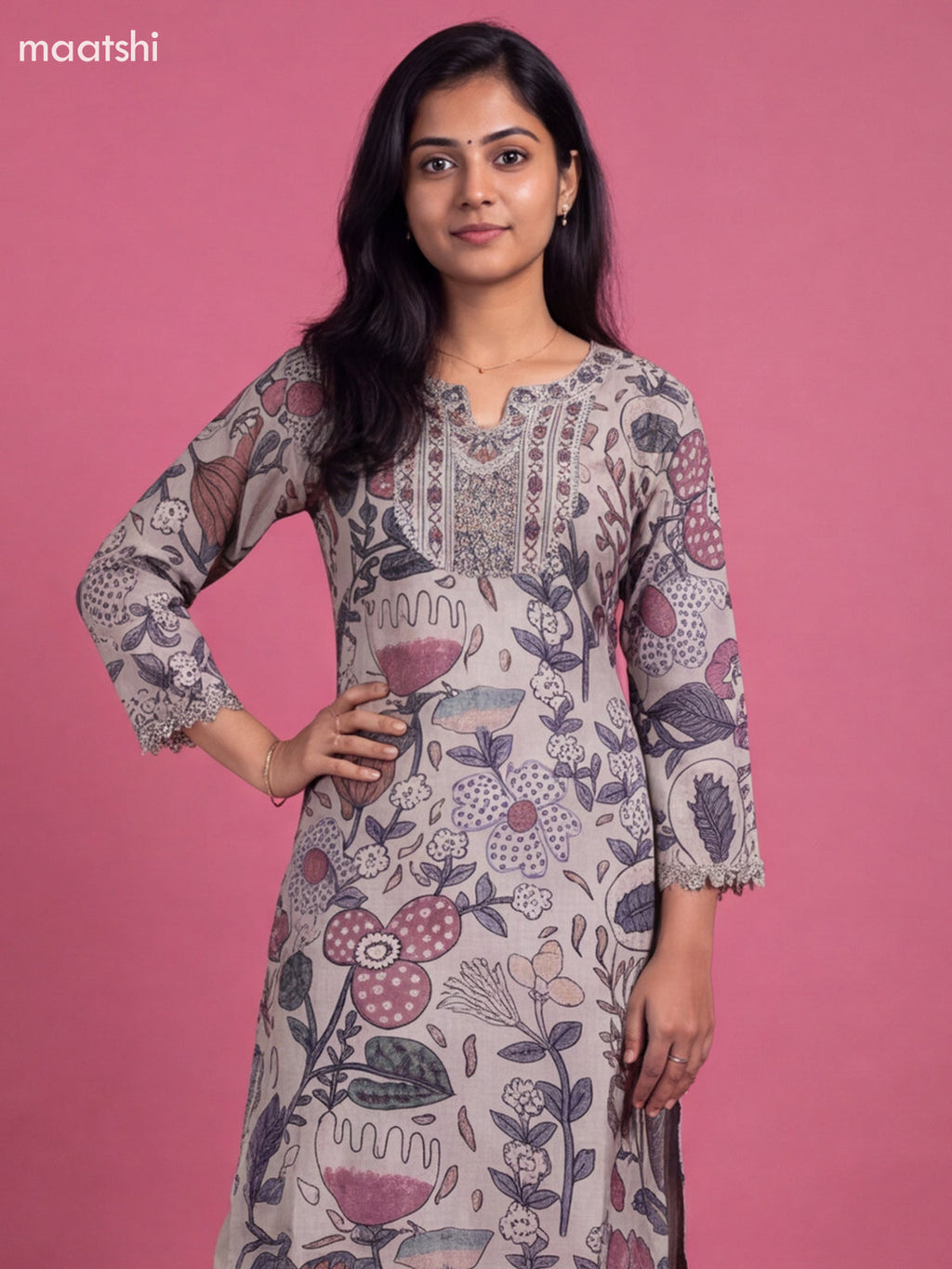 Pastel Grey Art Tussar Printed With Embroidery Work Straight Suit