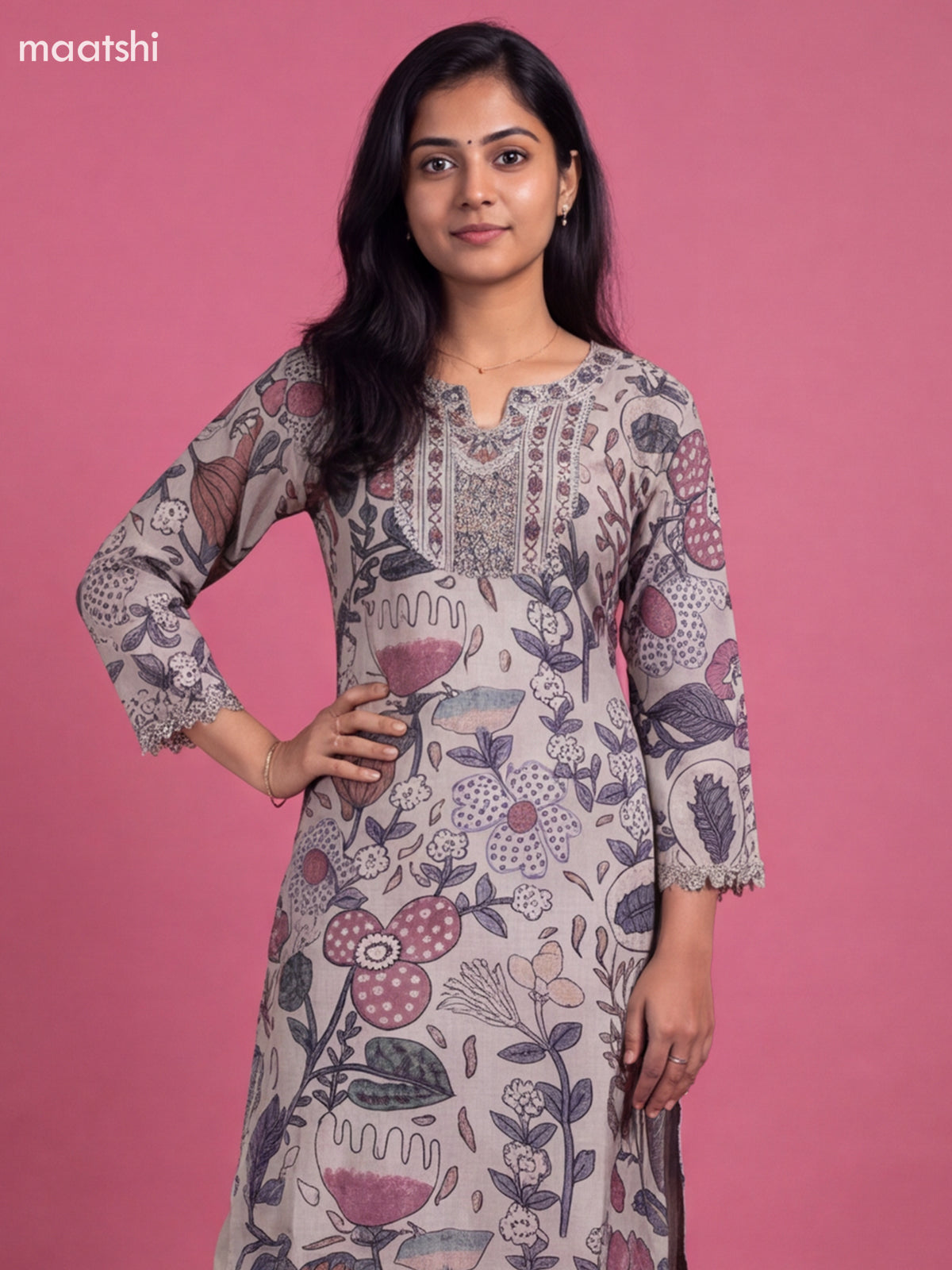 Pastel Grey Art Tussar Printed With Embroidery Work Straight Suit