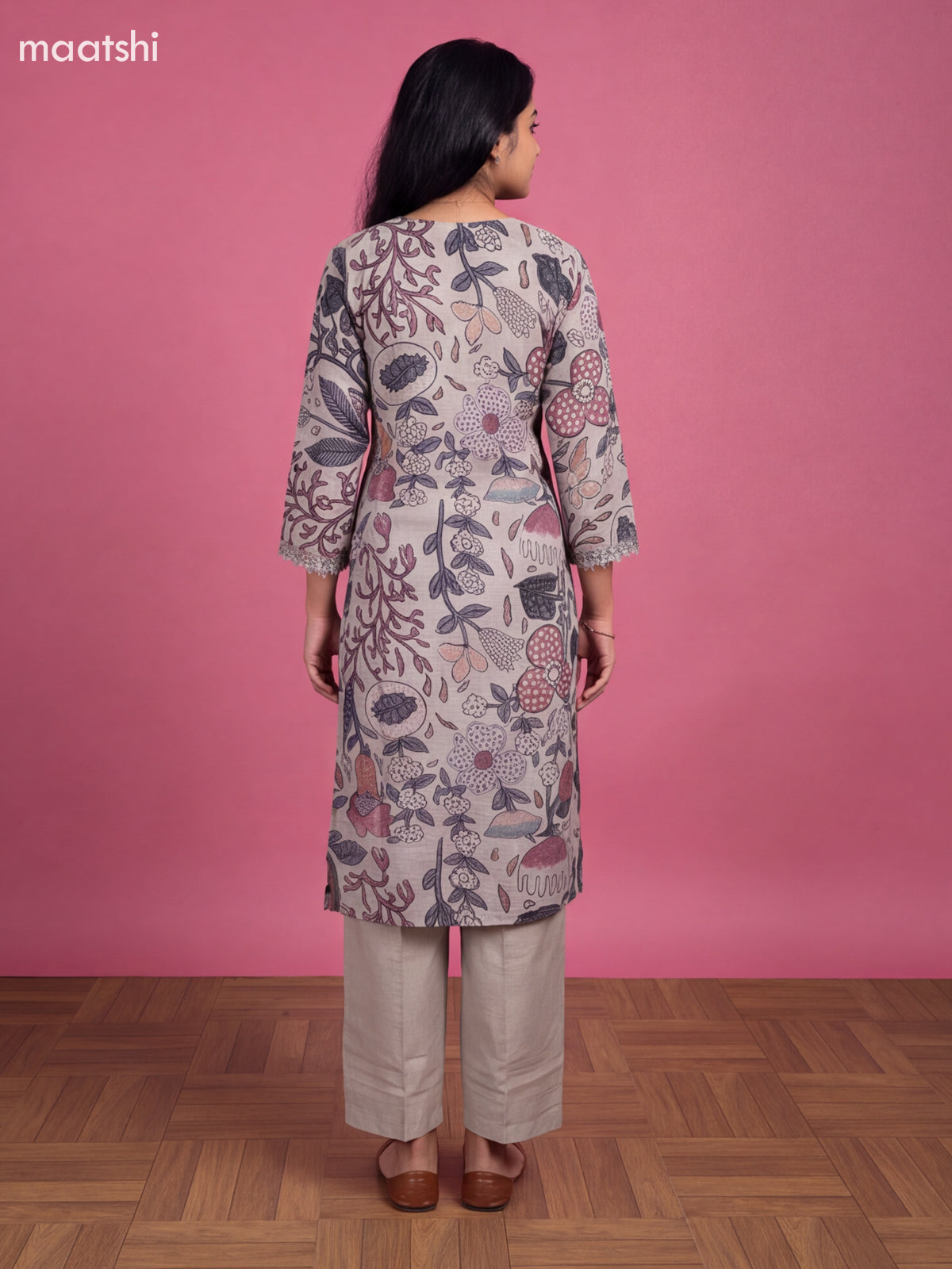 Pastel Grey Art Tussar Printed With Embroidery Work Straight Suit