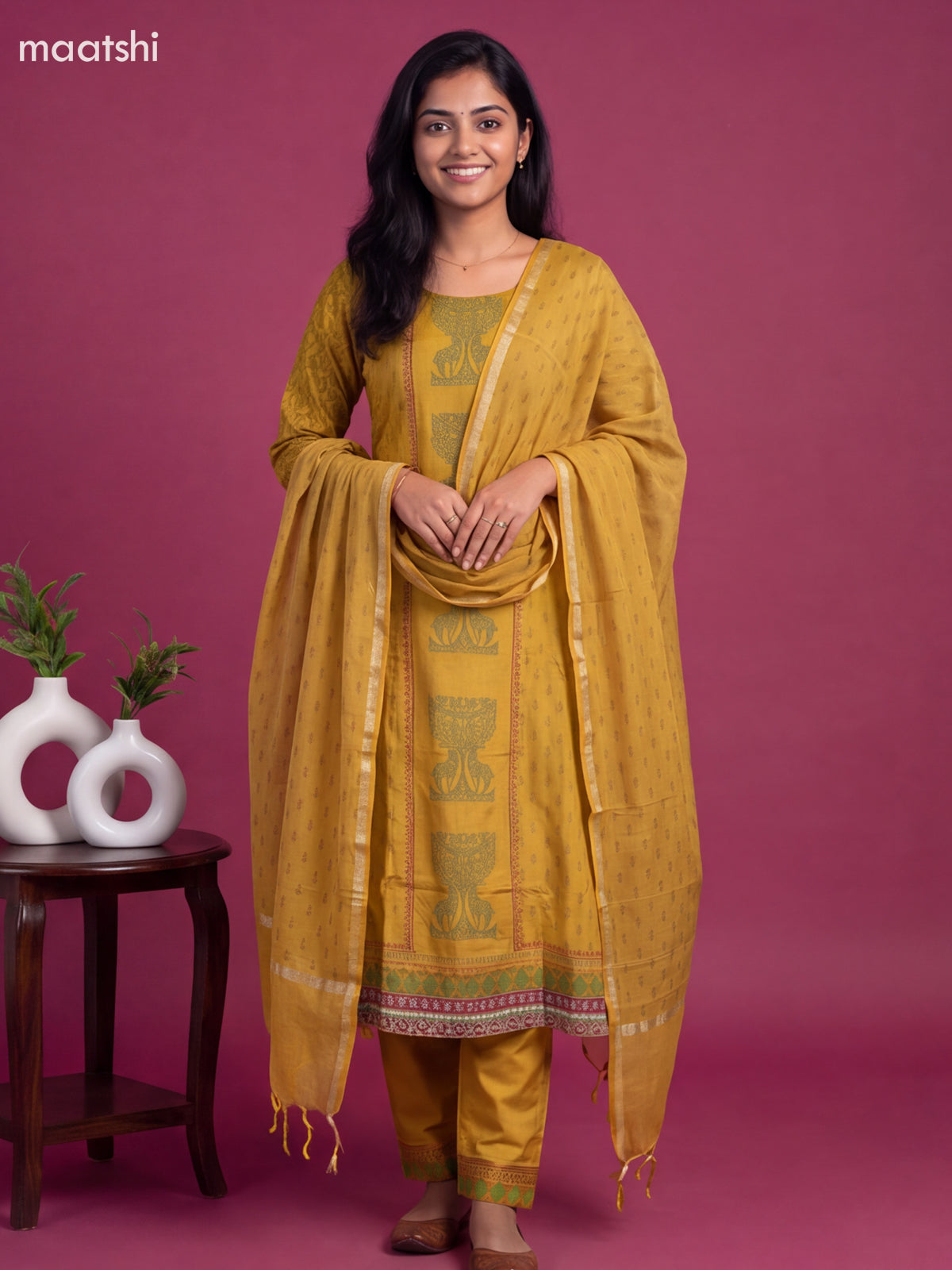 Mustard Yellow Art Tussar Printed Anarkali Suit