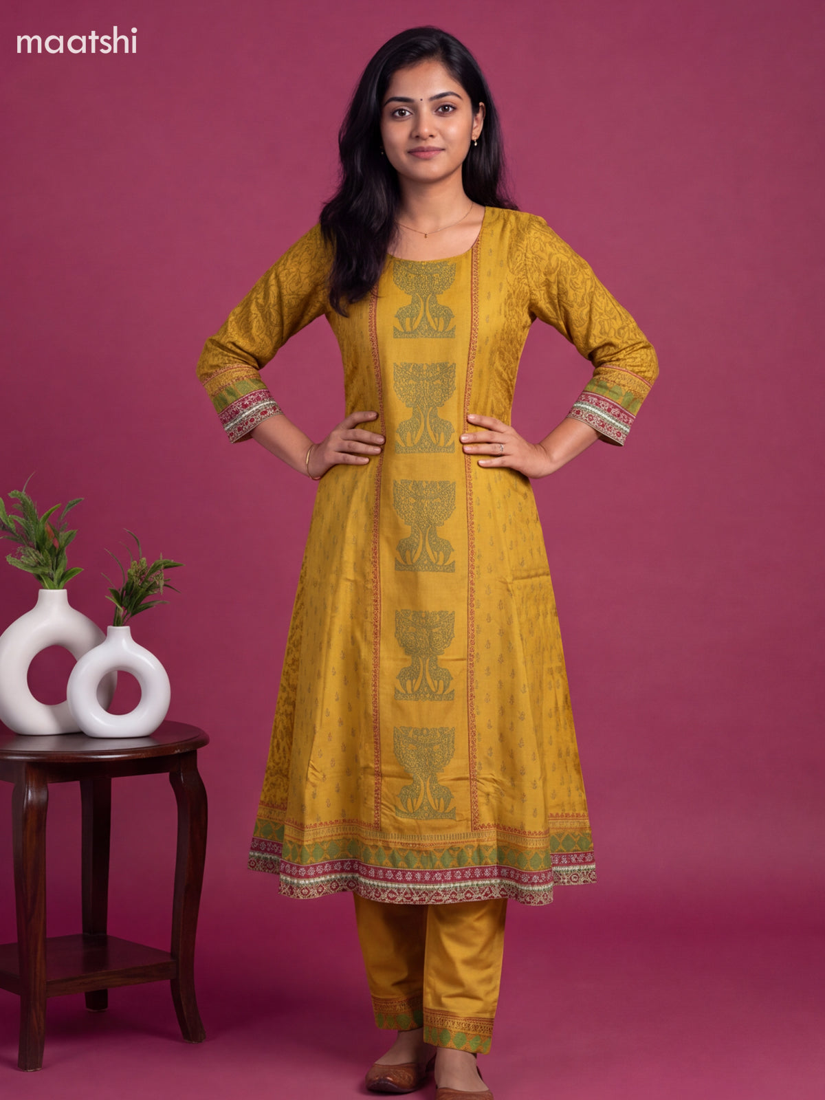 Mustard Yellow Art Tussar Printed Anarkali Suit