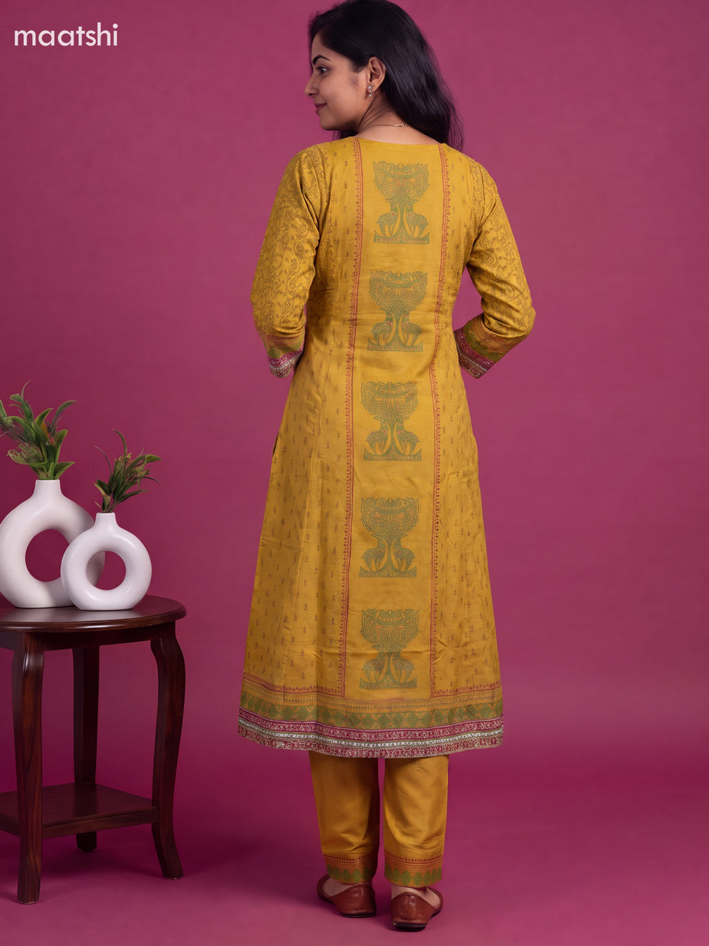 Mustard Yellow Art Tussar Printed Anarkali Suit
