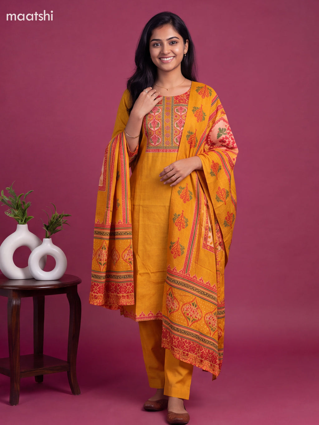Yellow Art Tussar Printed & Embroidery Work Straight Suit